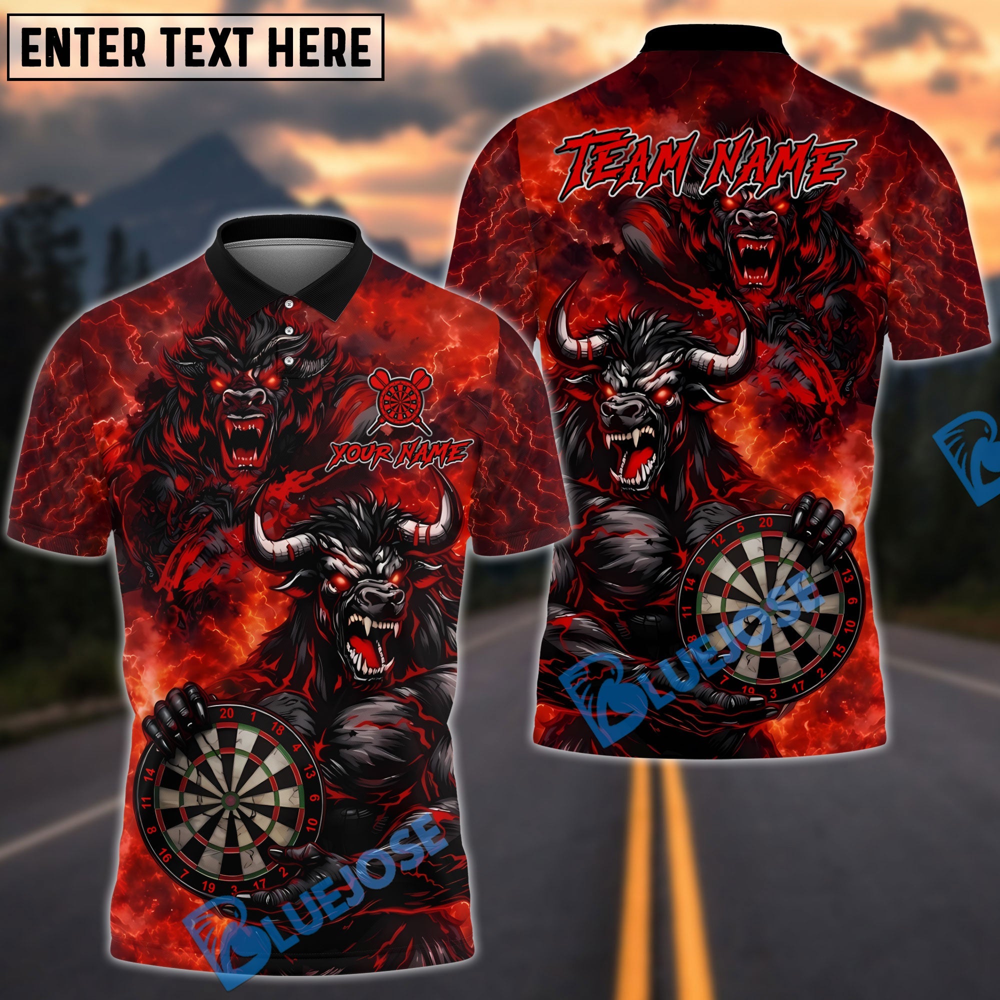 BlueJose Darts Angry Muscle Bull Dartboard Design Personalized Name, Team Name Unisex Shirt (4 Colors)