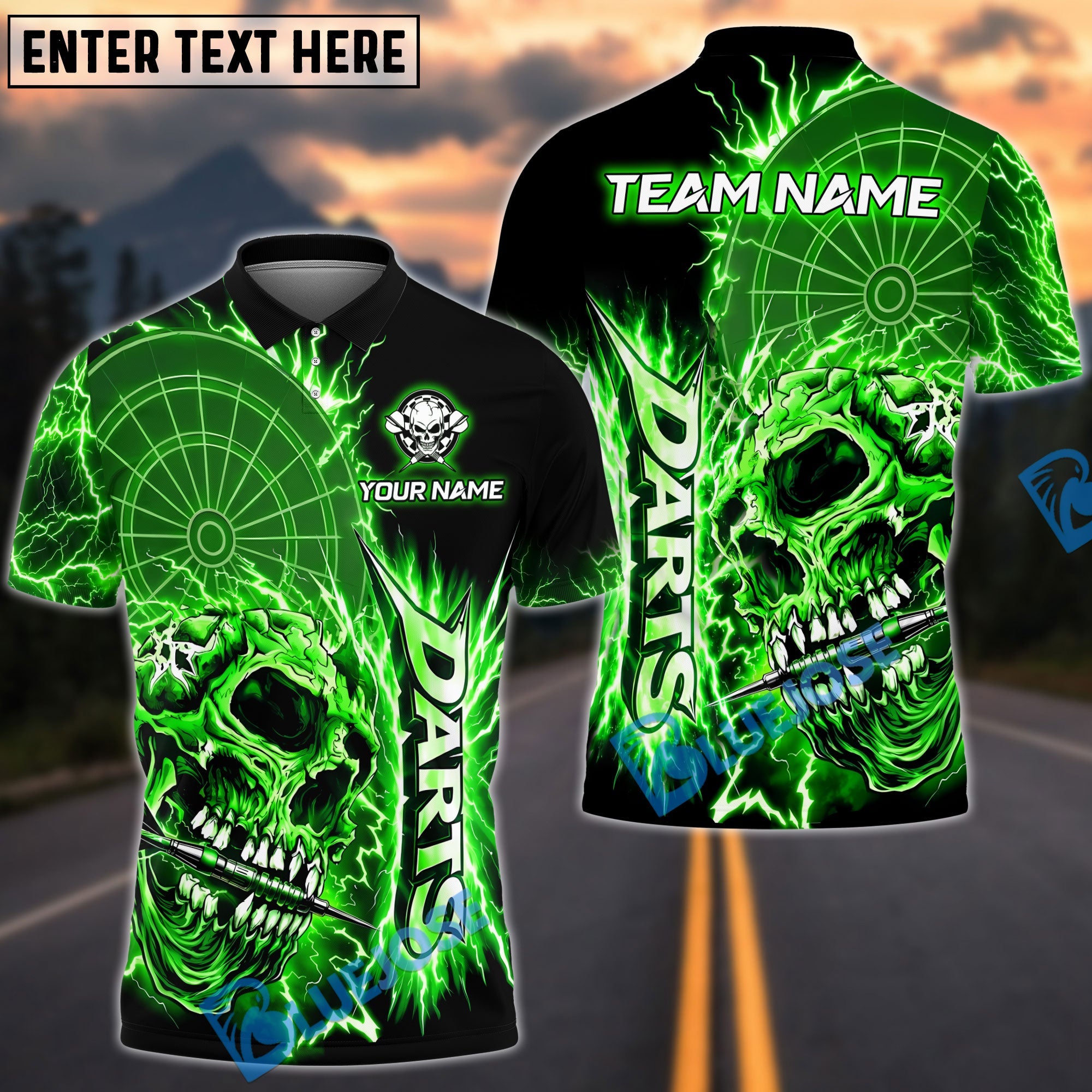 BlueJose Darts Rampage Thunder Skull Dartboard Design Personalized Name, Team Name Unisex Shirt (4 Colors)