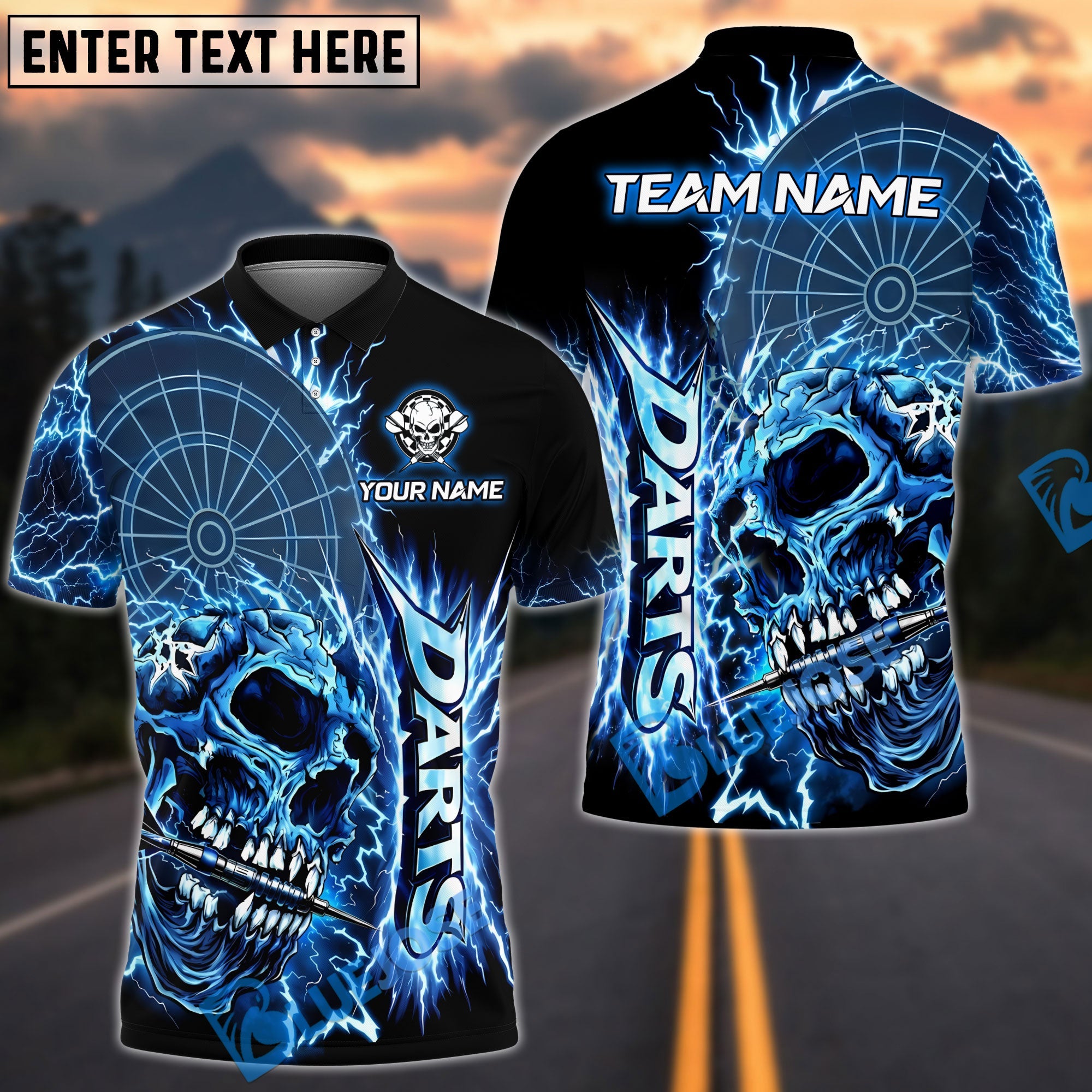 BlueJose Darts Rampage Thunder Skull Dartboard Design Personalized Name, Team Name Unisex Shirt (4 Colors)