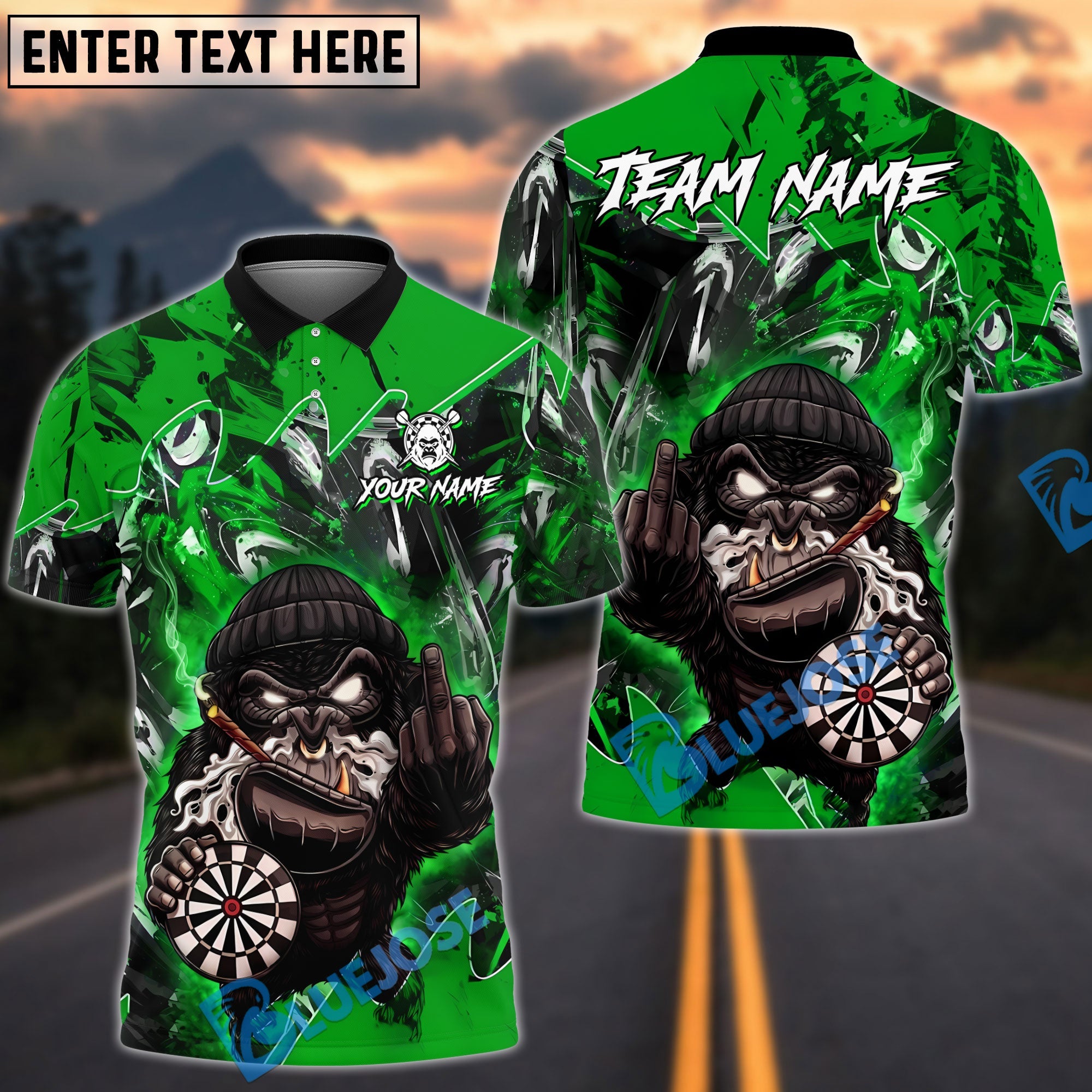 BlueJose Darts Cool Bandit Gorilla Design Personalized Name, Team Name Unisex Shirt (4 Colors)