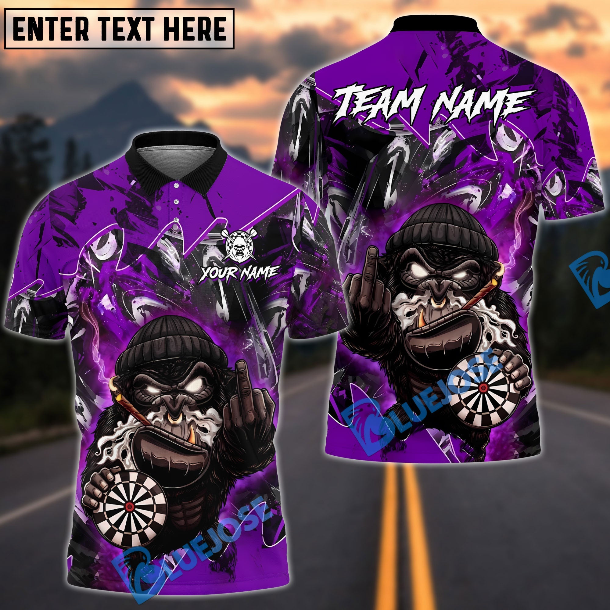 BlueJose Darts Cool Bandit Gorilla Design Personalized Name, Team Name Unisex Shirt (4 Colors)