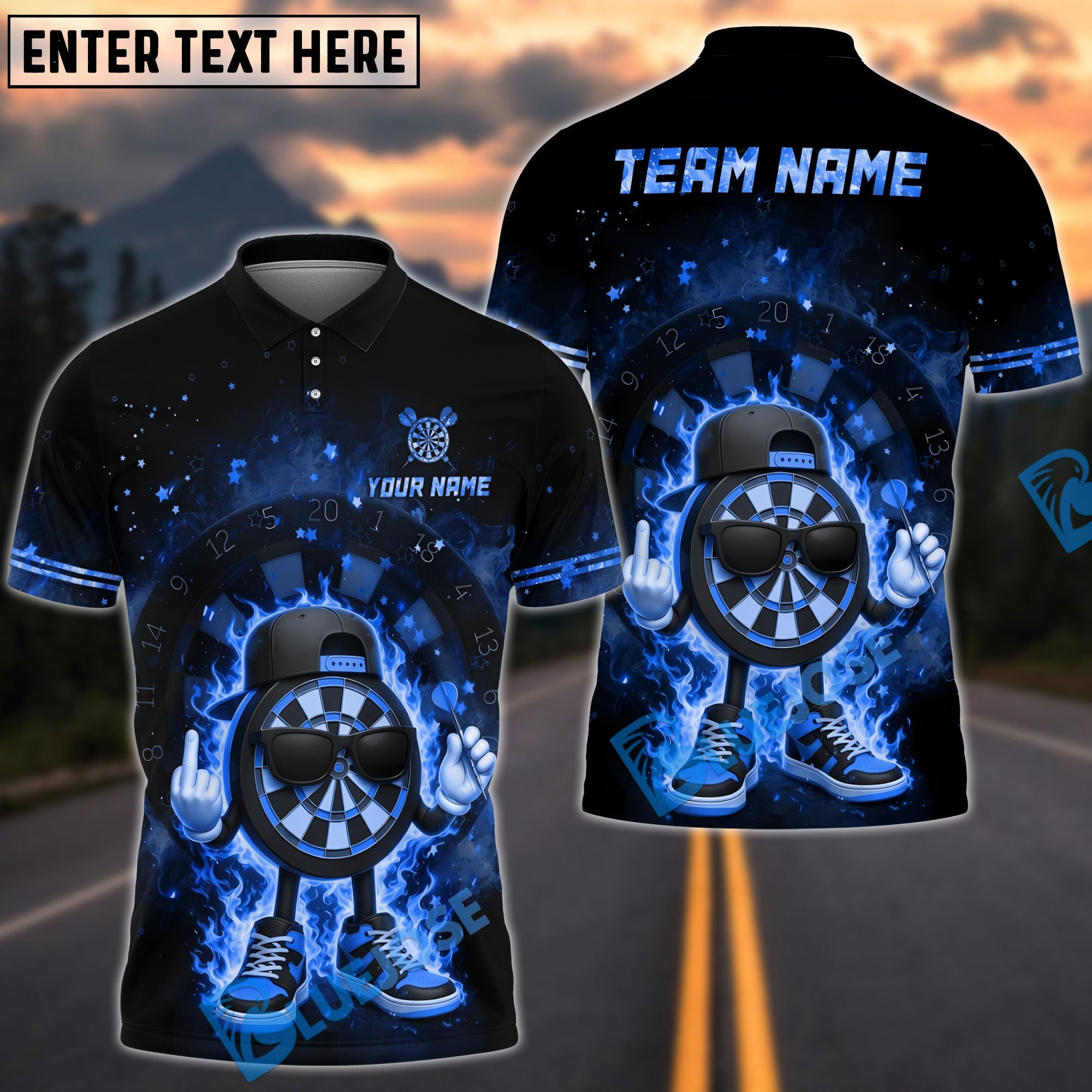 BlueJose Darts Flaming Cool Cartoon Dart Design Personalized Name, Team Name Unisex Shirt (4 Colors)
