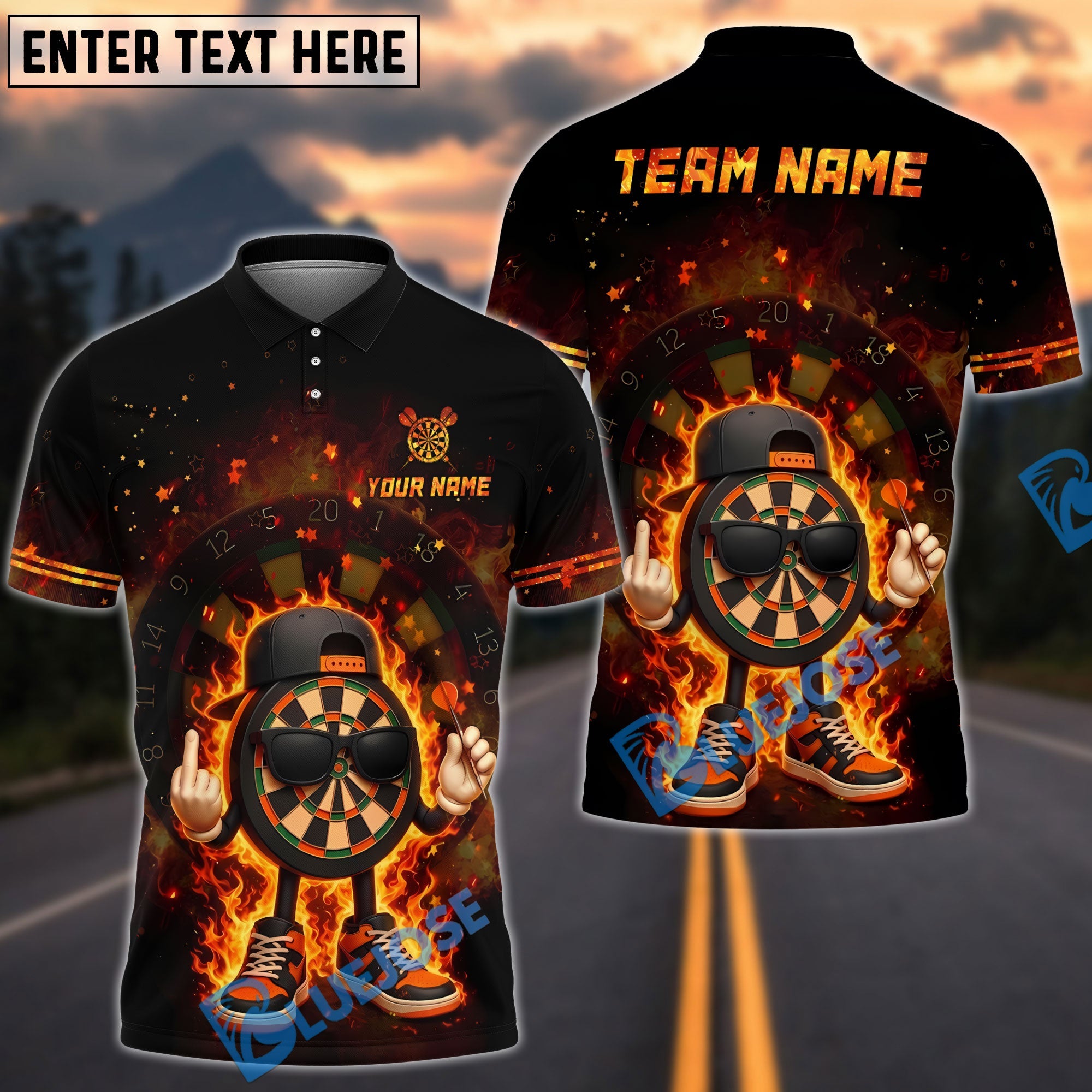 BlueJose Darts Flaming Cool Cartoon Dart Design Personalized Name, Team Name Unisex Shirt (4 Colors)