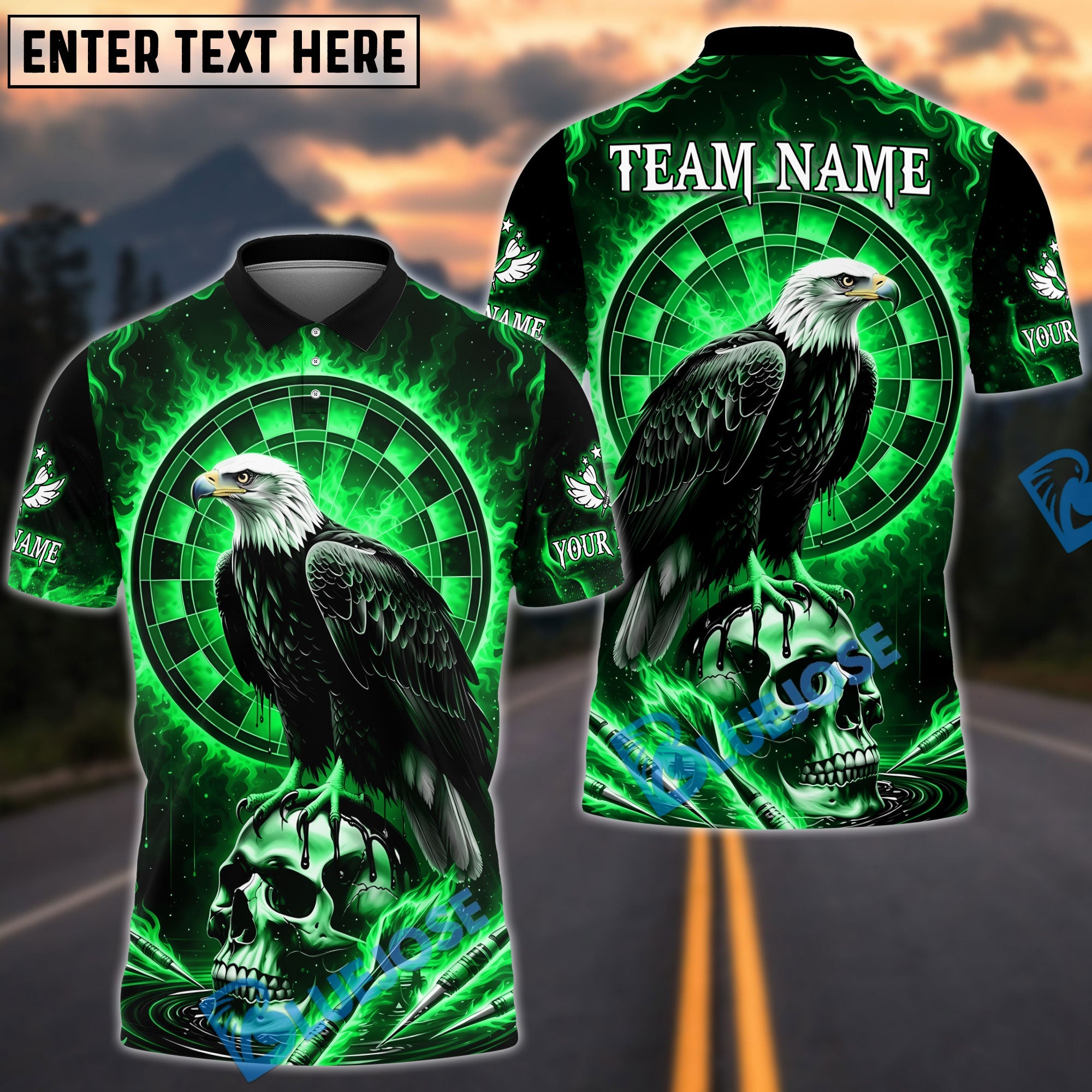 BlueJose Darts Fire Eagle On Skull Design Personalized Name, Team Name Unisex Shirt (4 Colors)