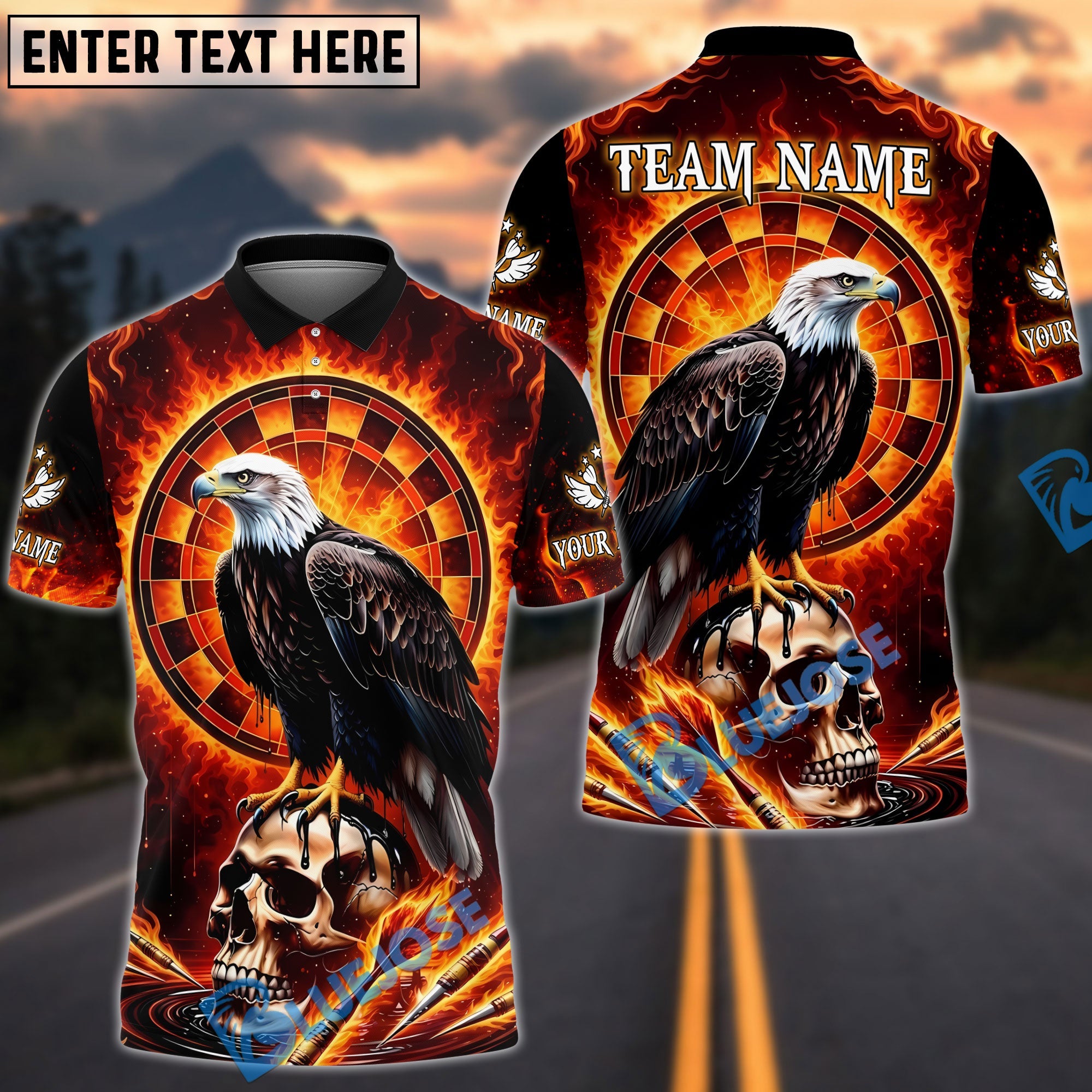 BlueJose Darts Fire Eagle On Skull Design Personalized Name, Team Name Unisex Shirt (4 Colors)