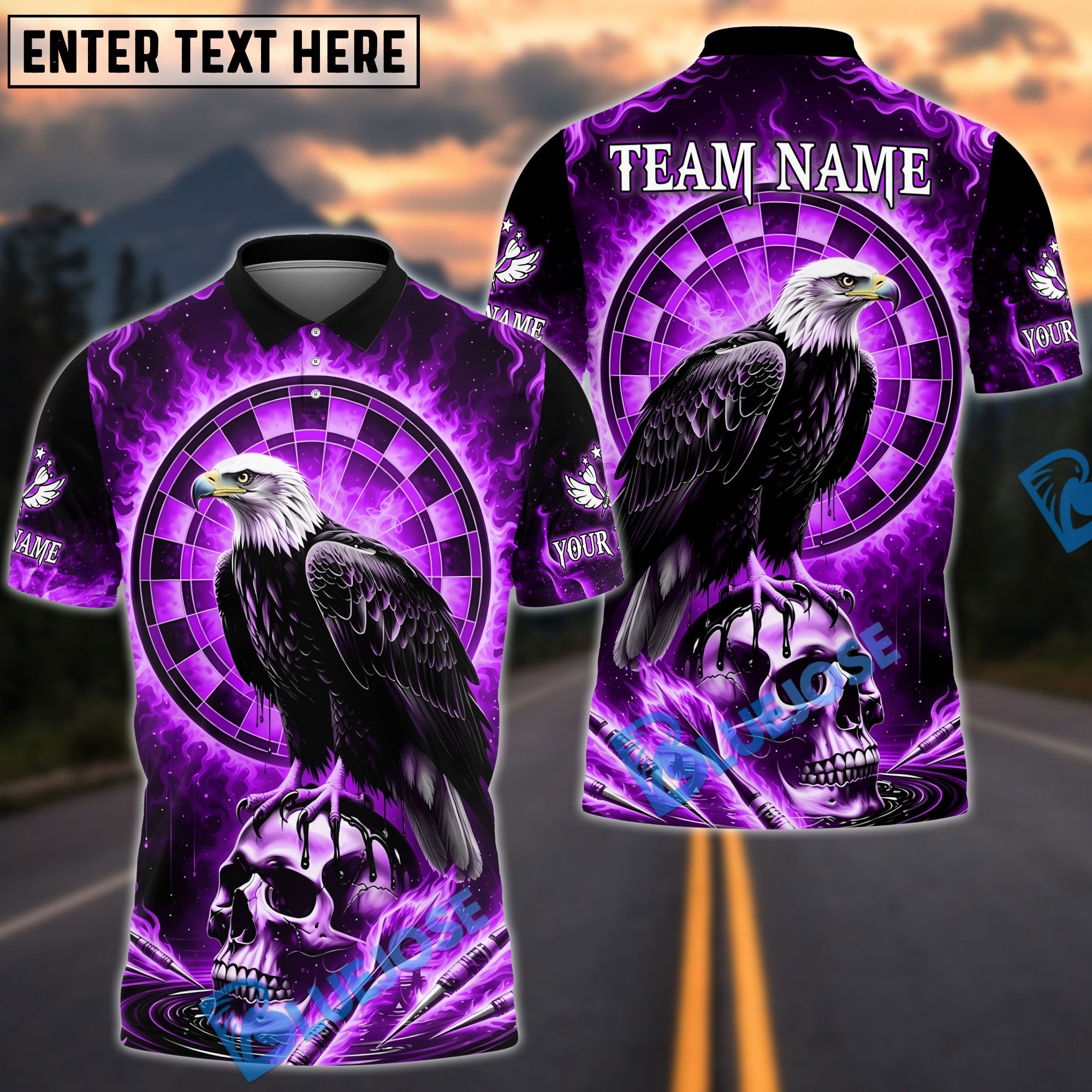 BlueJose Darts Fire Eagle On Skull Design Personalized Name, Team Name Unisex Shirt (4 Colors)