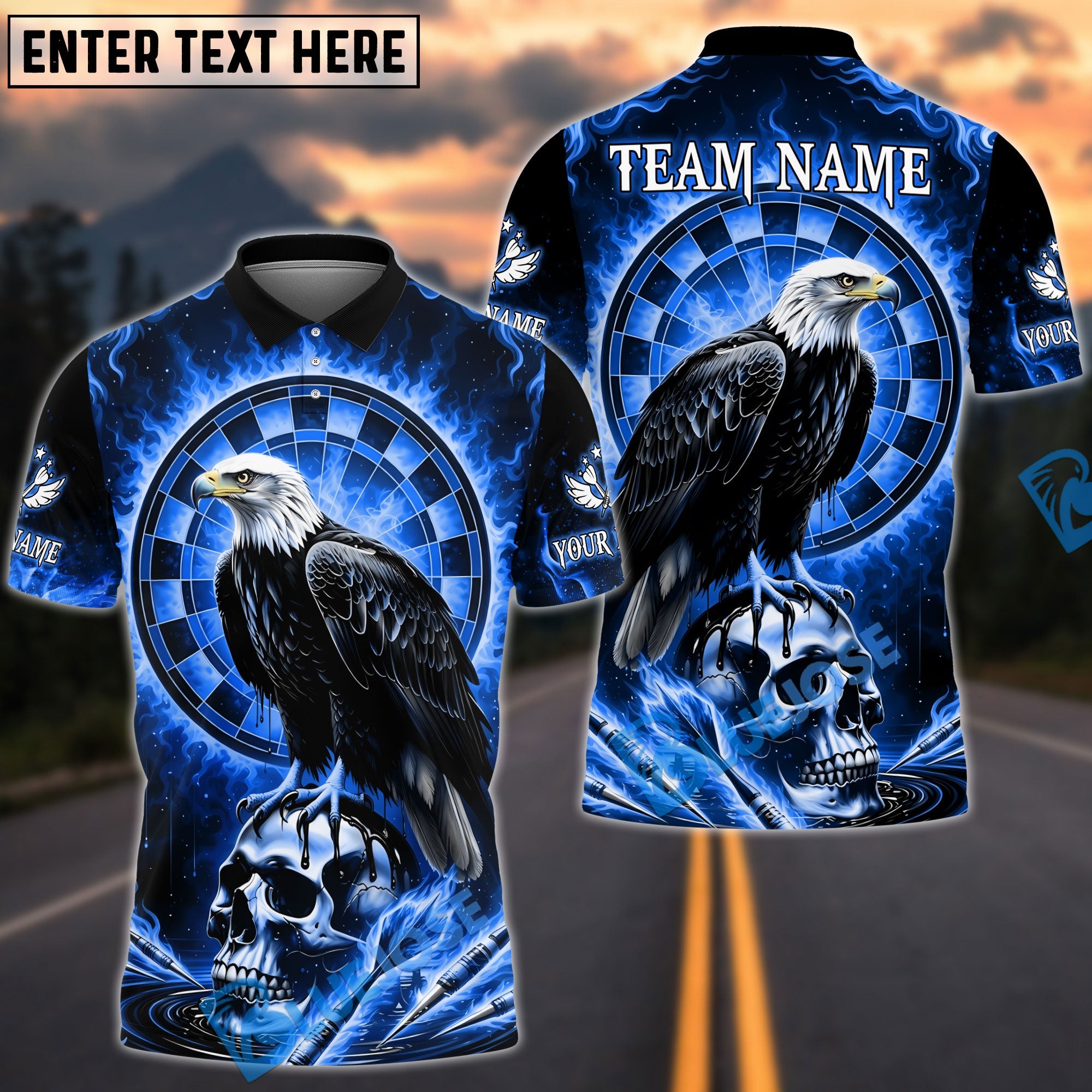 BlueJose Darts Fire Eagle On Skull Design Personalized Name, Team Name Unisex Shirt (4 Colors)