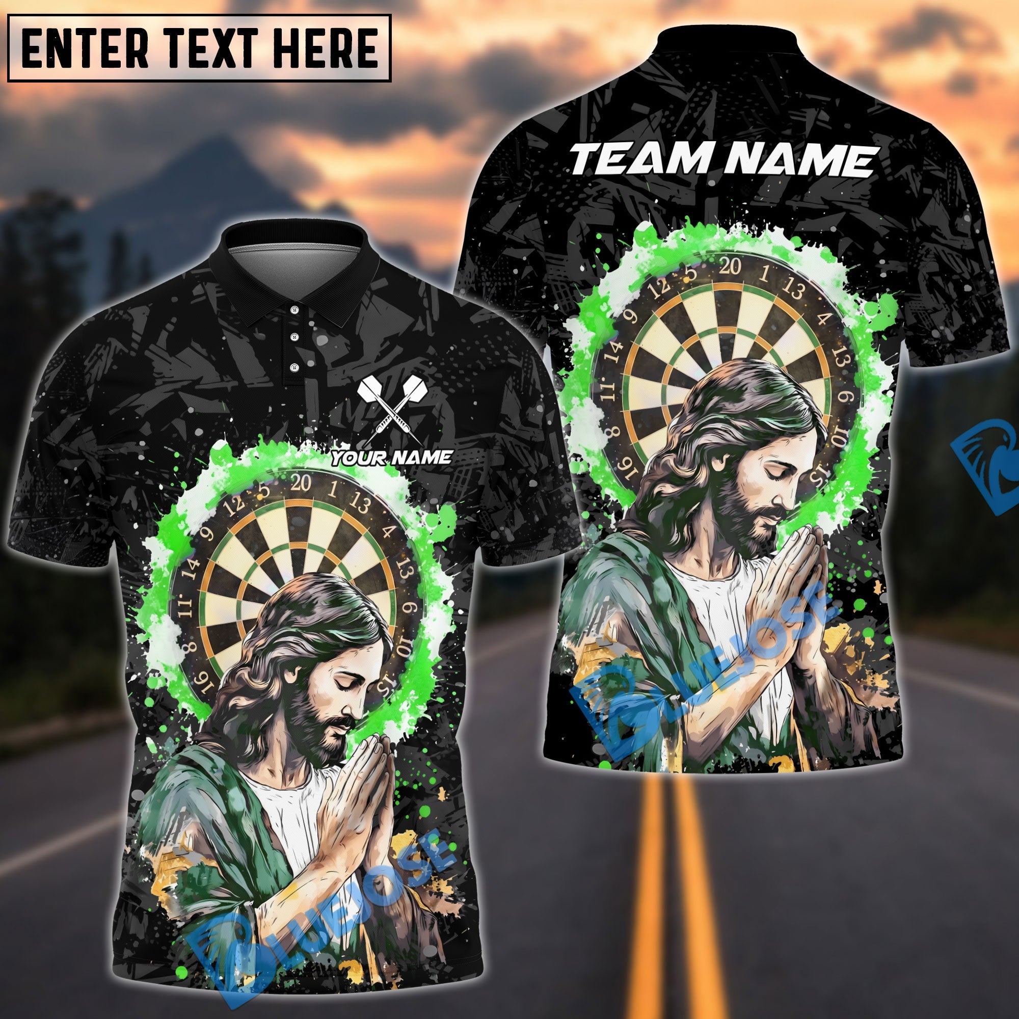 BlueJose Darts Jesus Dartboard Modern Christian Art Personalized Name, Team Name Unisex Shirt (4 Colors)