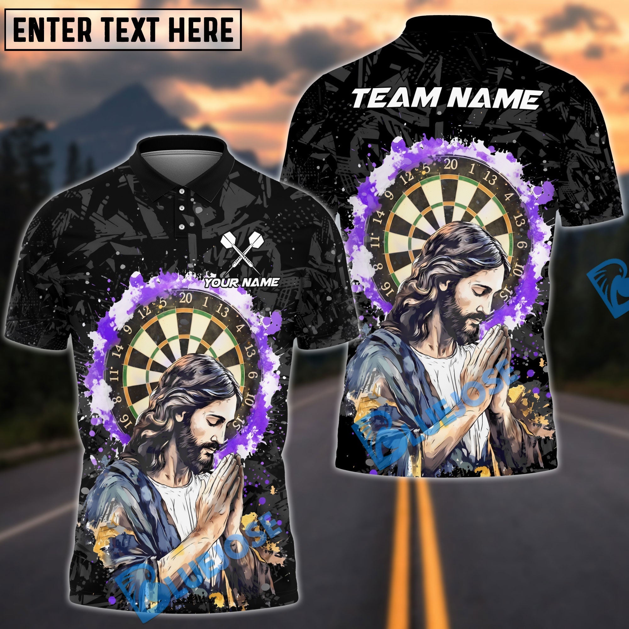 BlueJose Darts Jesus Dartboard Modern Christian Art Personalized Name, Team Name Unisex Shirt (4 Colors)