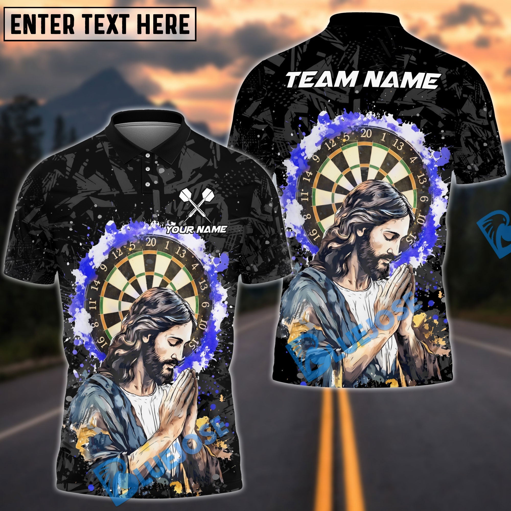 BlueJose Darts Jesus Dartboard Modern Christian Art Personalized Name, Team Name Unisex Shirt (4 Colors)
