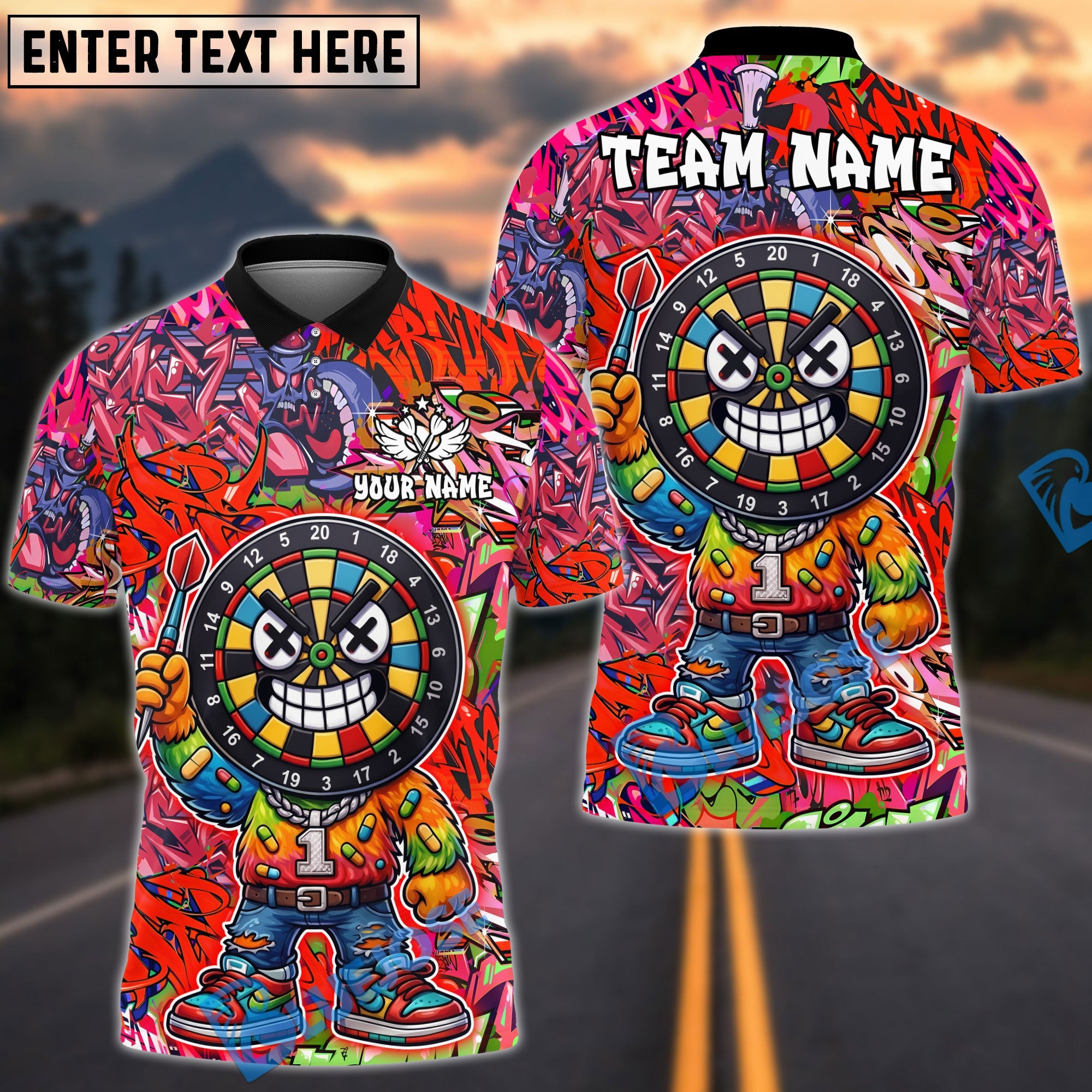 BlueJose Darts Cool Dartboard Graffiti X-eyes Design Personalized Name, Team Name Unisex Shirt (4 Colors)