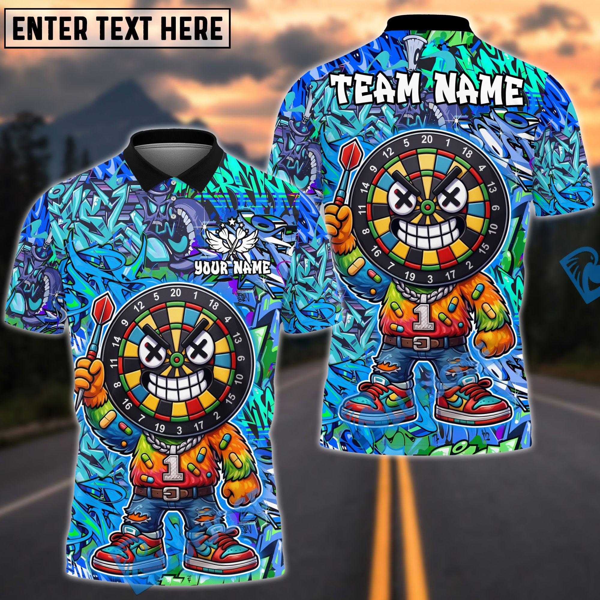 BlueJose Darts Cool Dartboard Graffiti X-eyes Design Personalized Name, Team Name Unisex Shirt (4 Colors)