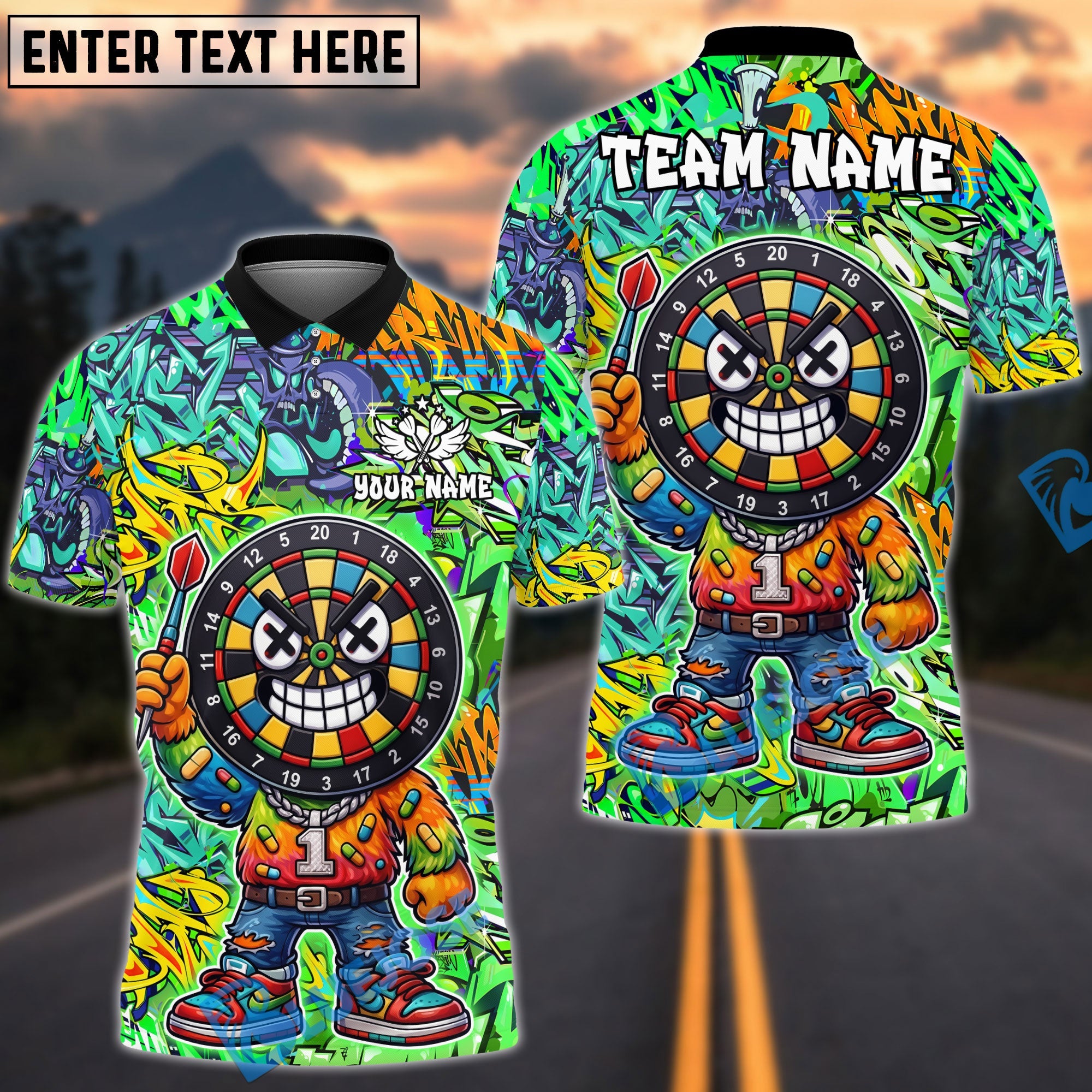 BlueJose Darts Cool Dartboard Graffiti X-eyes Design Personalized Name, Team Name Unisex Shirt (4 Colors)