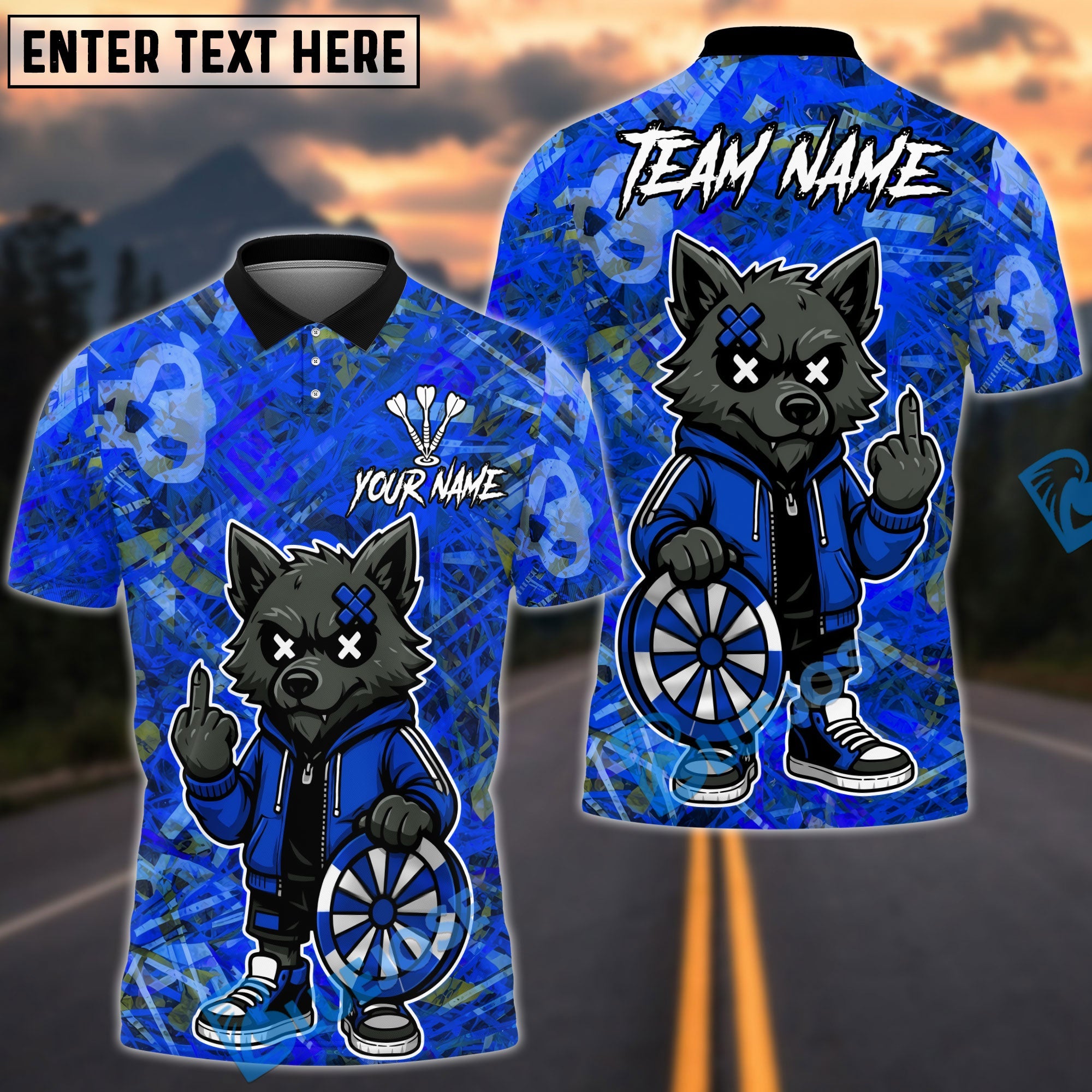 BlueJose Darts Cartoon Wolf Graffiti Personalized Name, Team Name Unisex Shirt (4 Colors)