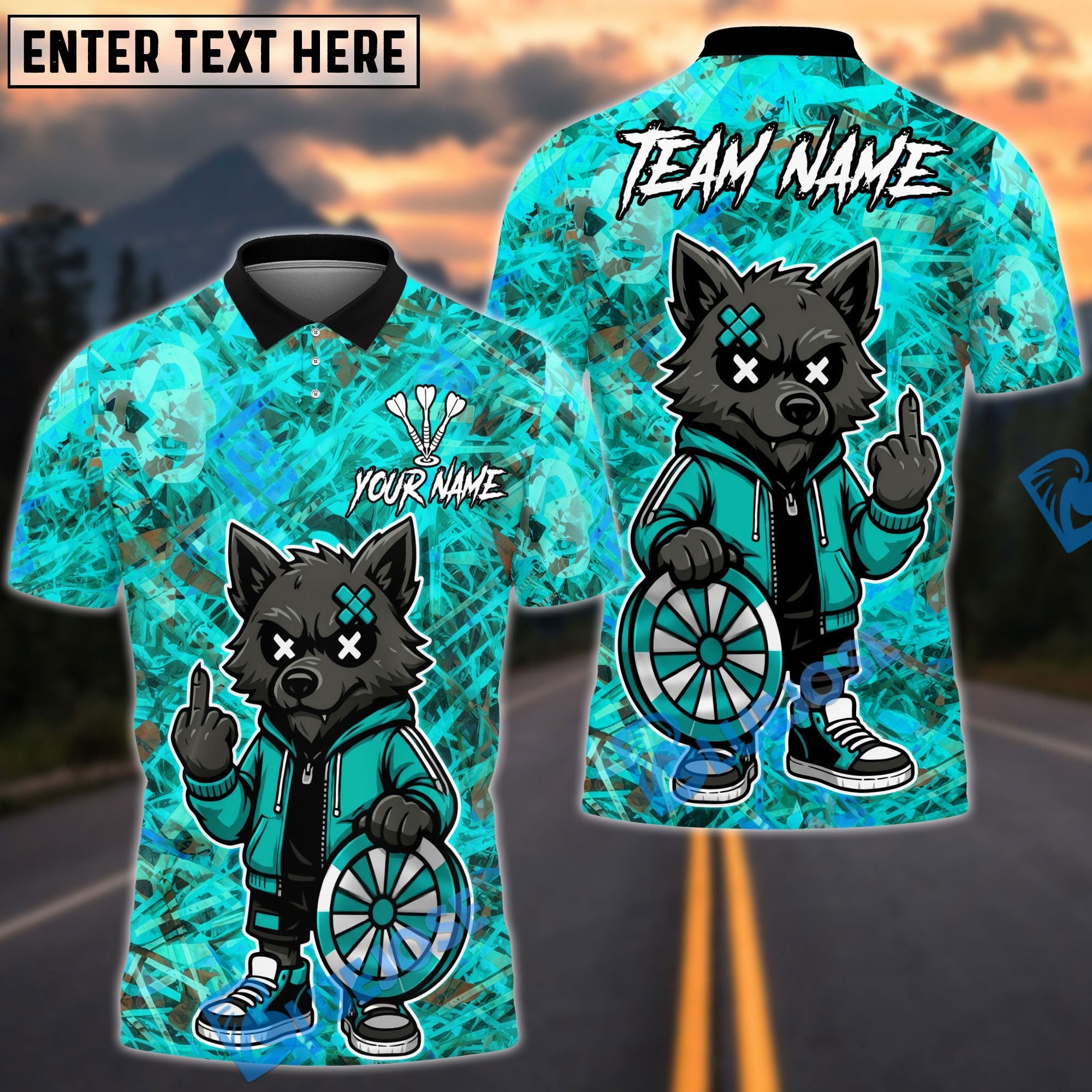 BlueJose Darts Cartoon Wolf Graffiti Personalized Name, Team Name Unisex Shirt (4 Colors)