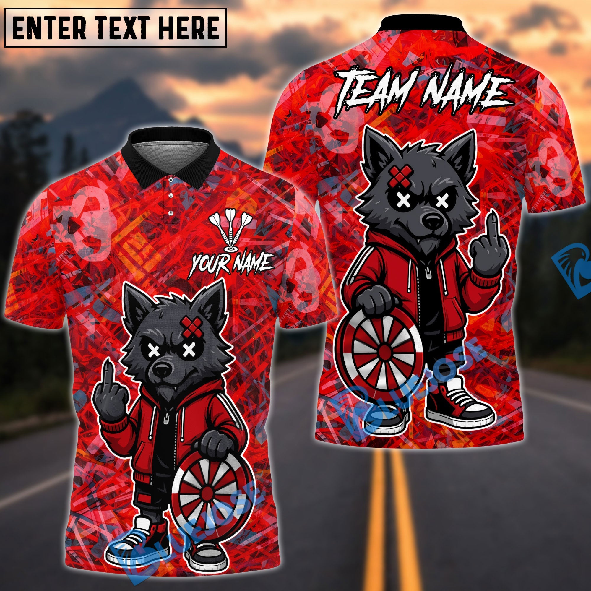 BlueJose Darts Cartoon Wolf Graffiti Personalized Name, Team Name Unisex Shirt (4 Colors)