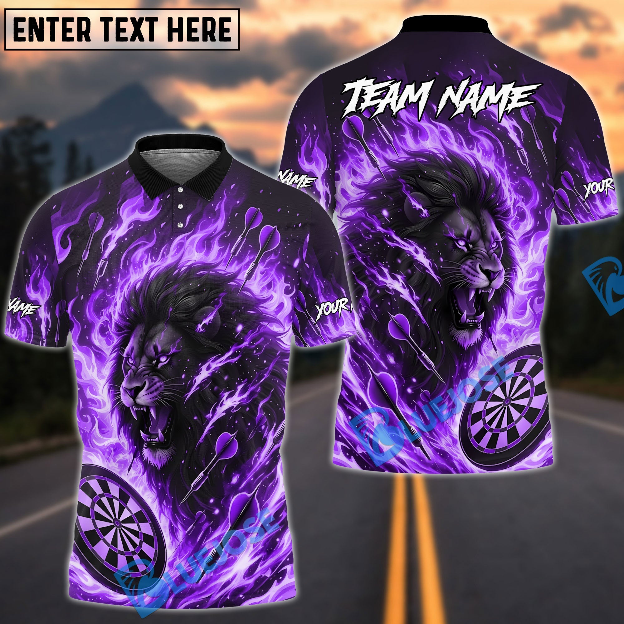BlueJose Darts Fire Lion Flame Art Design Personalized Name, Team Name Unisex Shirt (4 Colors)