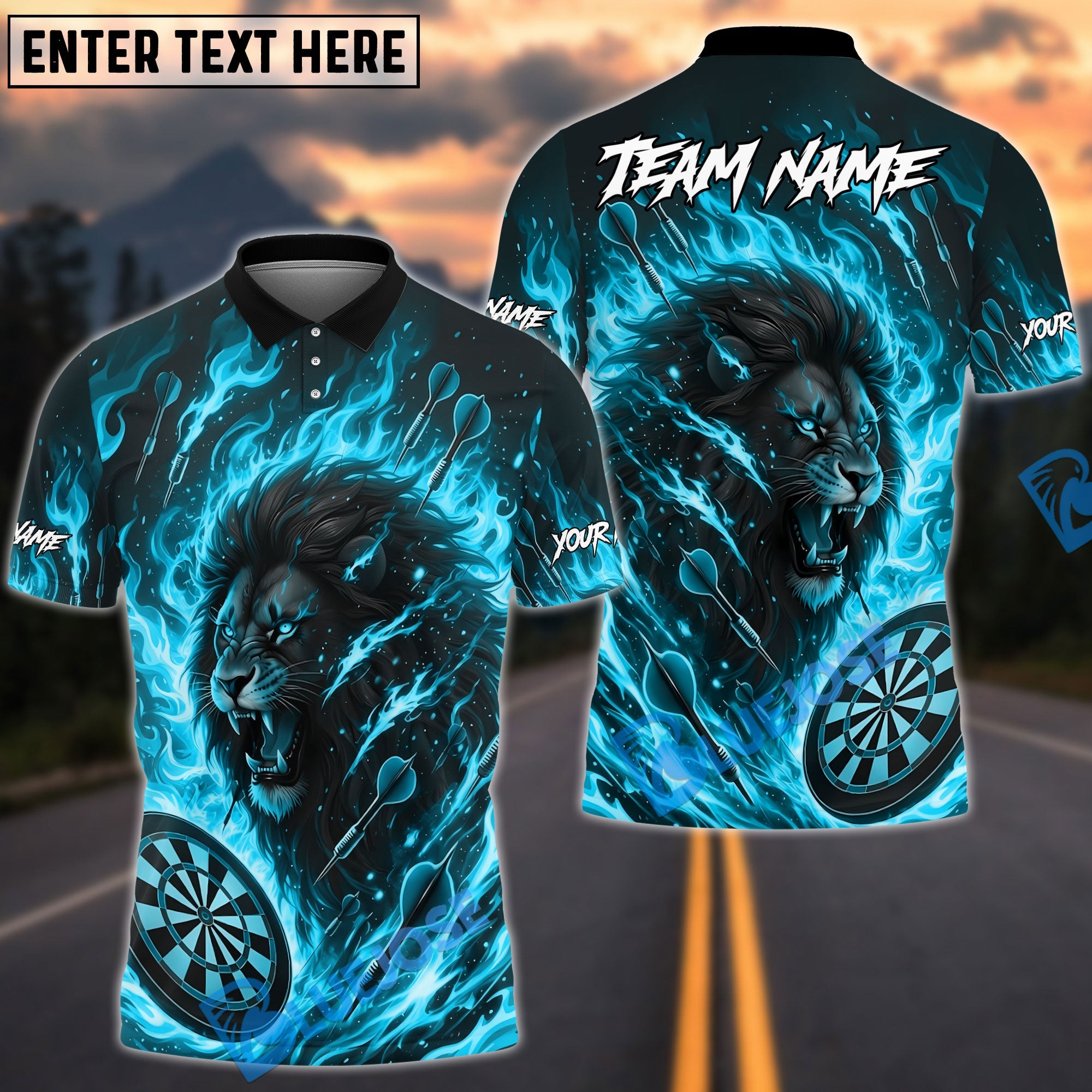 BlueJose Darts Fire Lion Flame Art Design Personalized Name, Team Name Unisex Shirt (4 Colors)