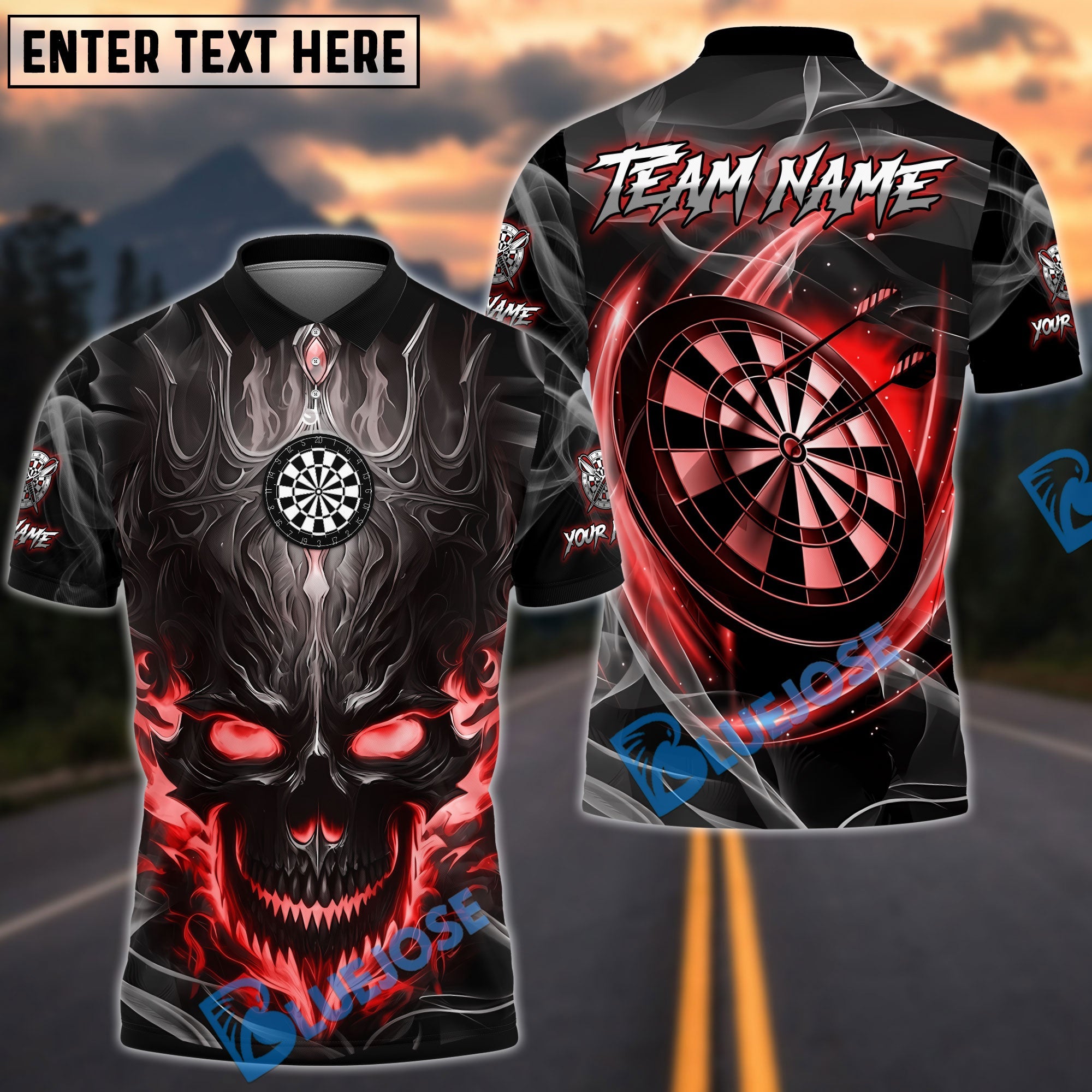 BlueJose Darts Flame Crown Skull Dartboard Design Personalized Name, Team Name Unisex Shirt (4 Colors)