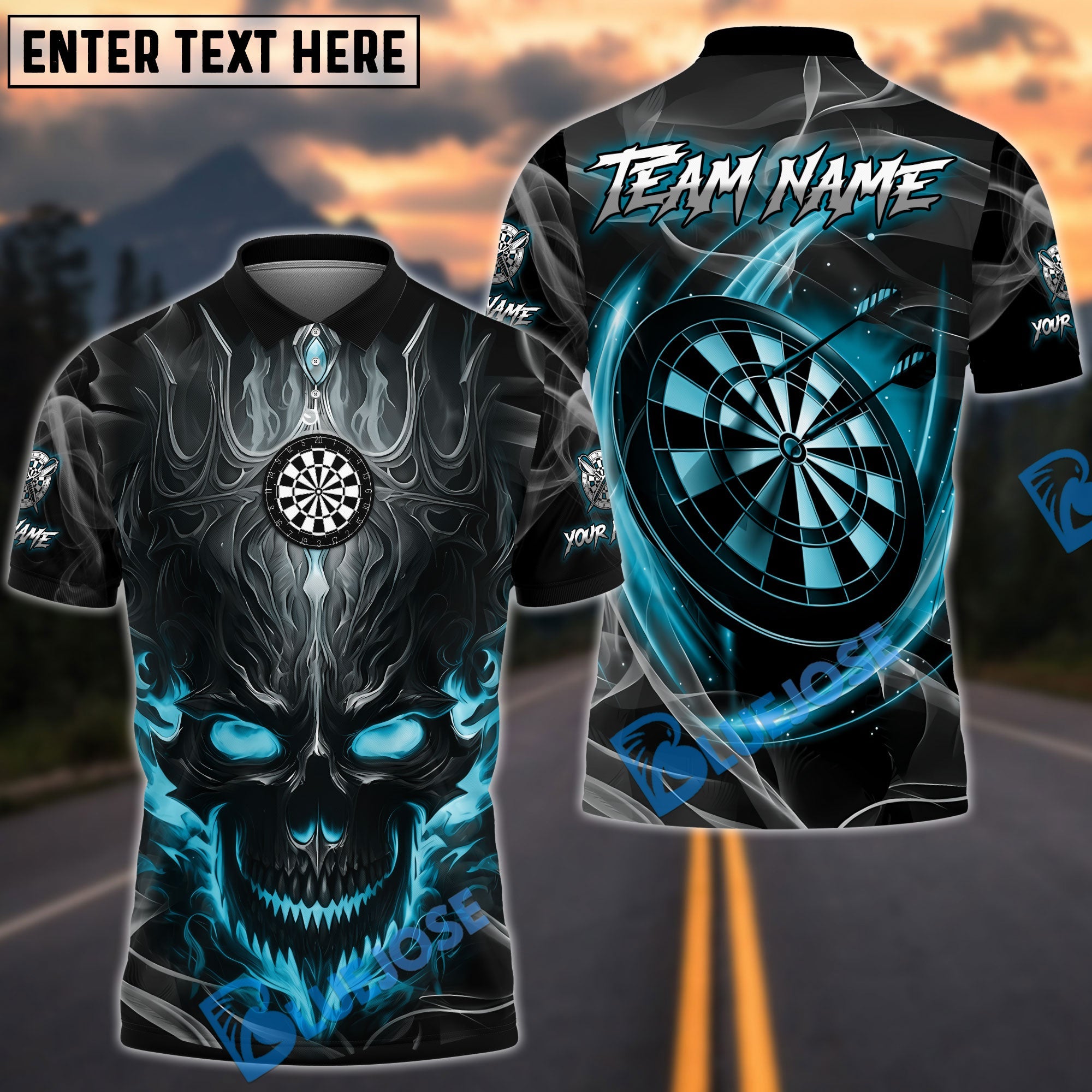 BlueJose Darts Flame Crown Skull Dartboard Design Personalized Name, Team Name Unisex Shirt (4 Colors)