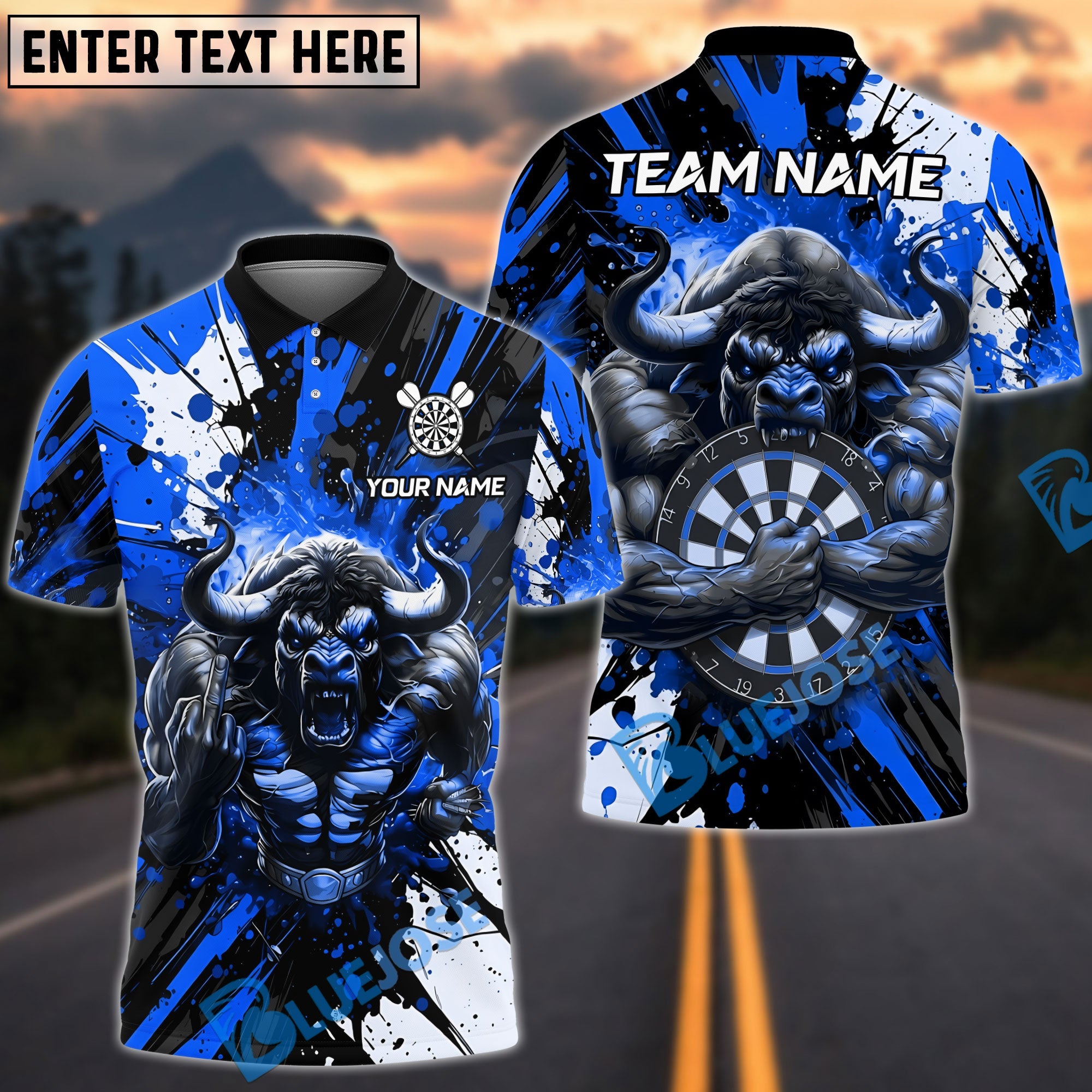 BlueJose Darts Minotaur Bullseye Blood Splatter Multicolor Options Personalized Name Shirt (4 Colors)