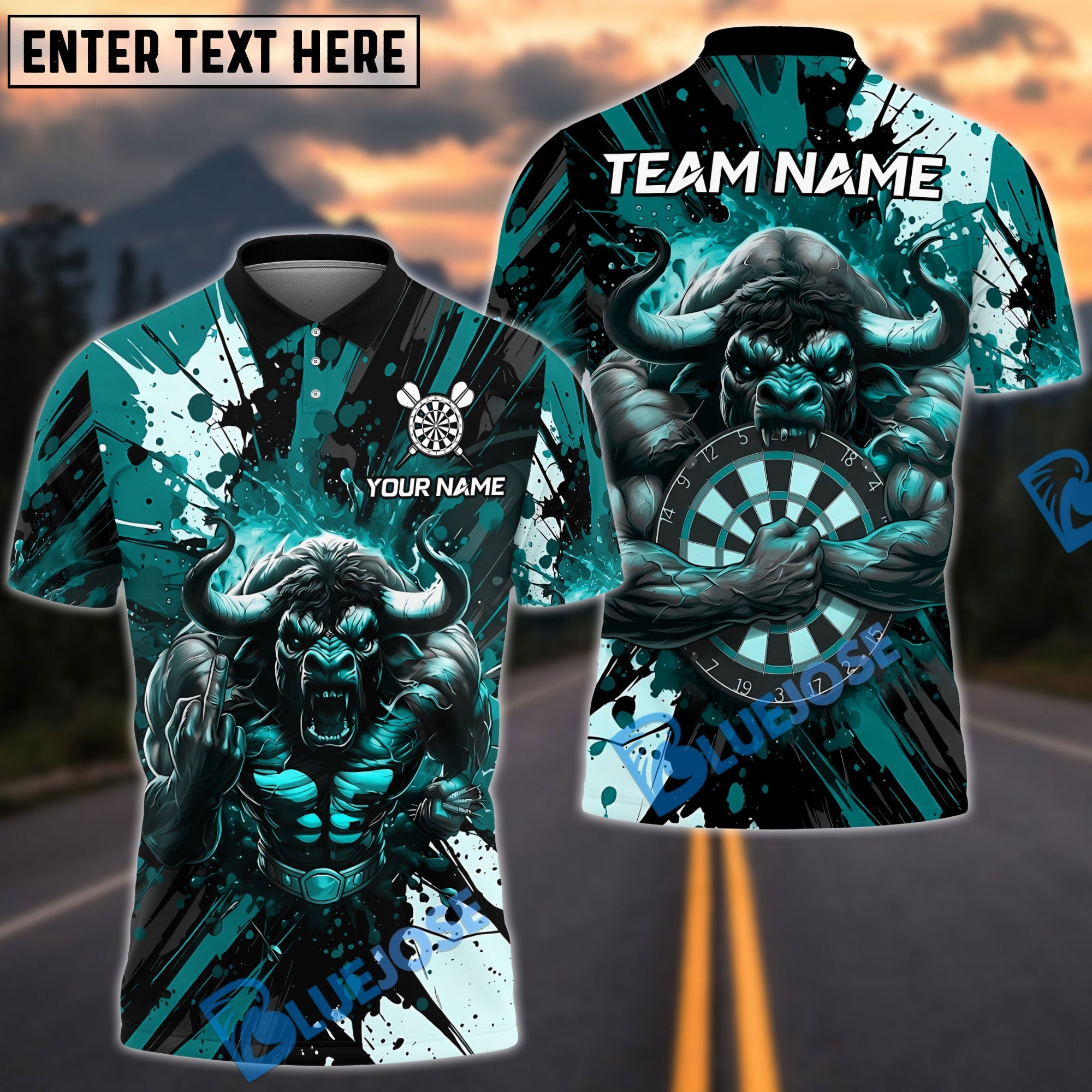 BlueJose Darts Minotaur Bullseye Blood Splatter Multicolor Options Personalized Name Shirt (4 Colors)