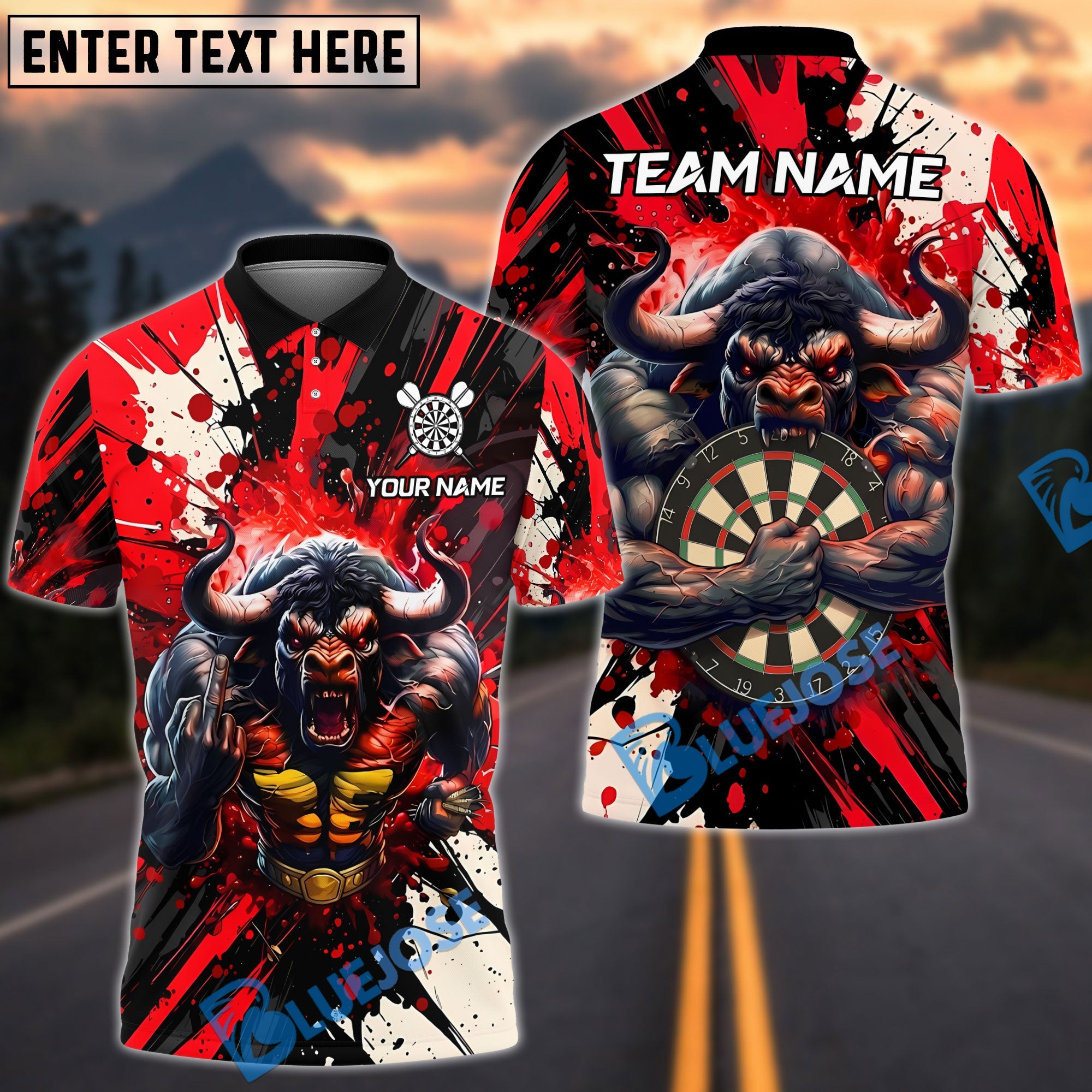 BlueJose Darts Minotaur Bullseye Blood Splatter Multicolor Options Personalized Name Shirt (4 Colors)