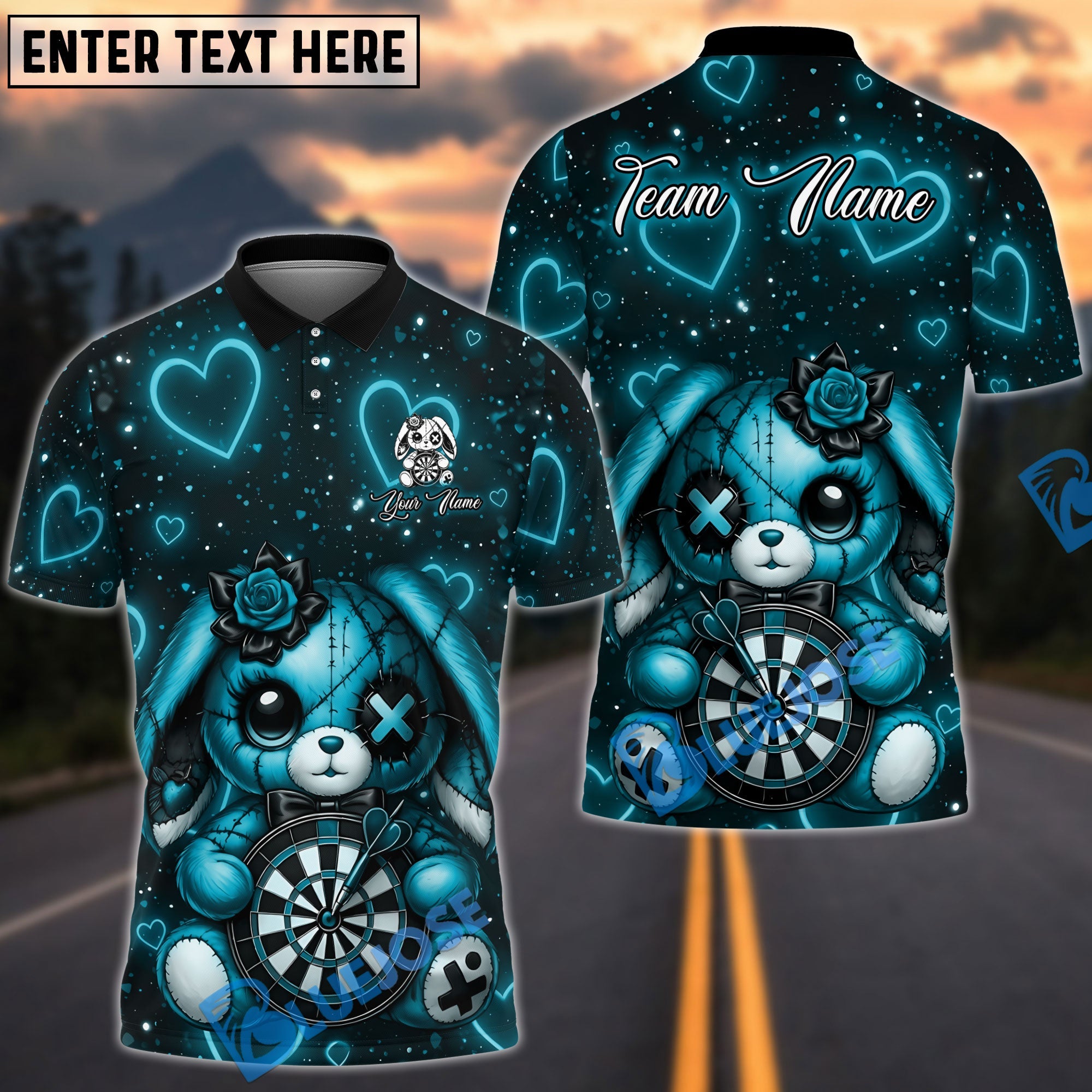 BlueJose Darts Valentine Cute Bear Design Personalized Name, Team Name Unisex Shirt (4 Colors)