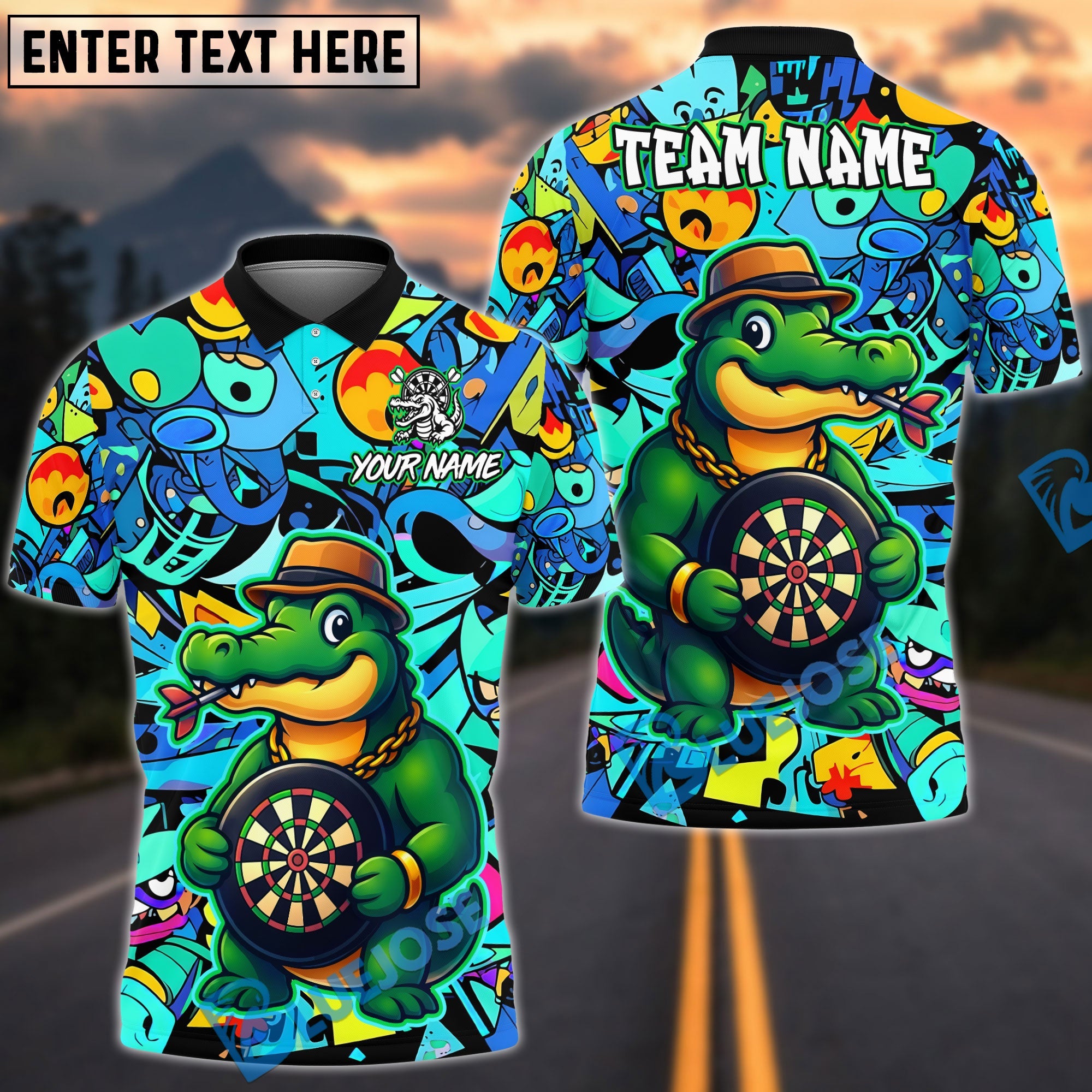 BlueJose Darts Crocodile Tough Cartoon Dartboard Design Personalized Name, Team Name Unisex Shirt (4 Colors)