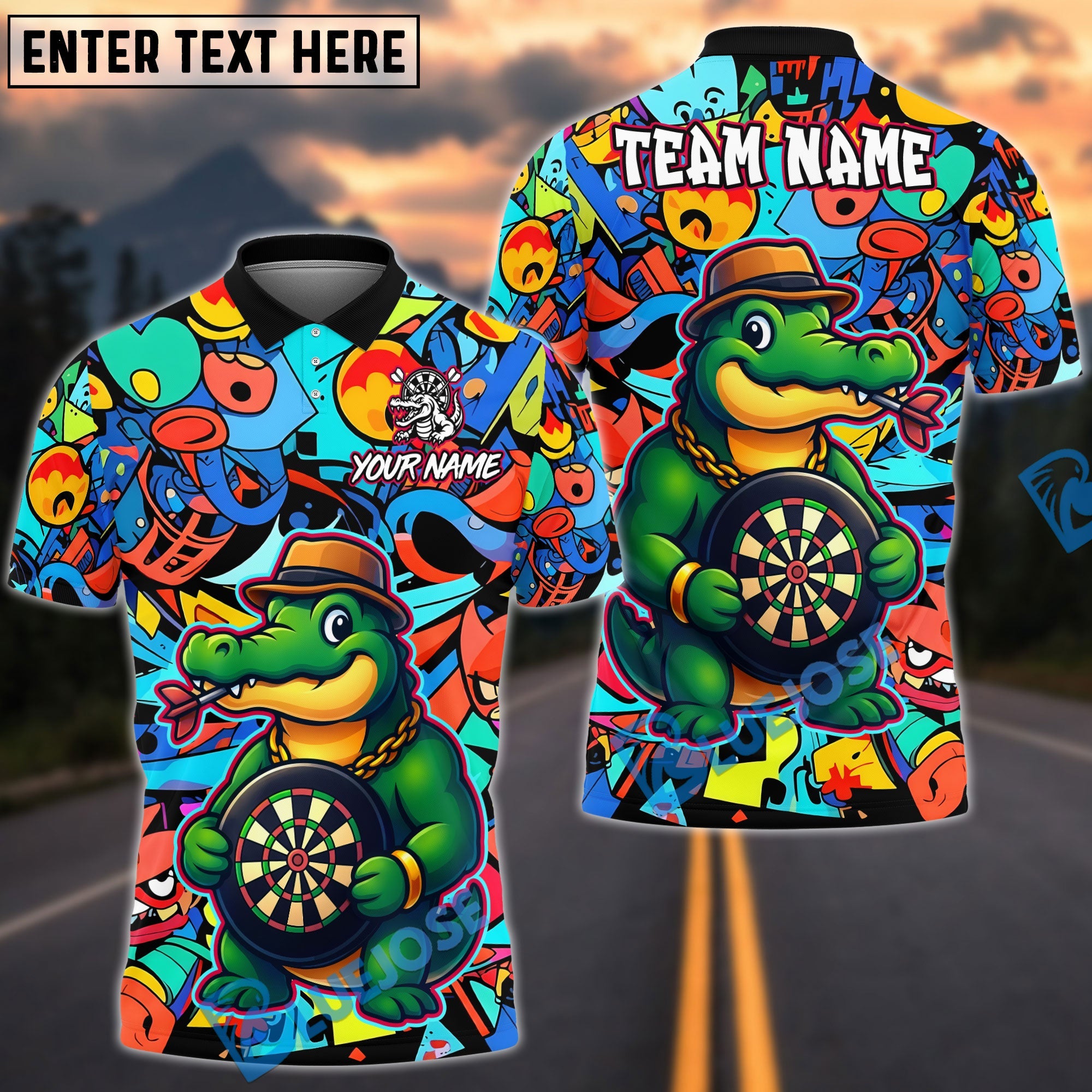 BlueJose Darts Crocodile Tough Cartoon Dartboard Design Personalized Name, Team Name Unisex Shirt (4 Colors)