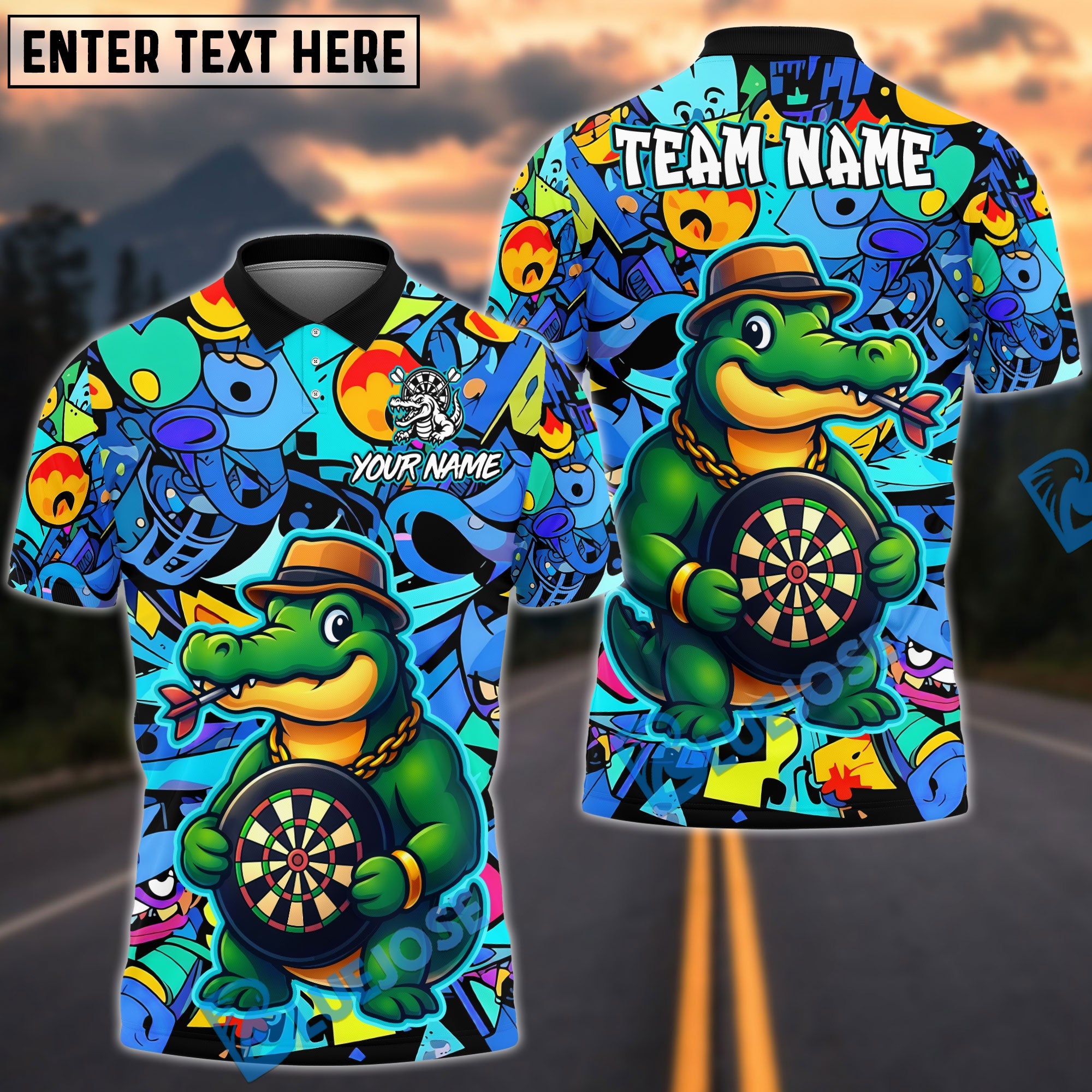 BlueJose Darts Crocodile Tough Cartoon Dartboard Design Personalized Name, Team Name Unisex Shirt (4 Colors)