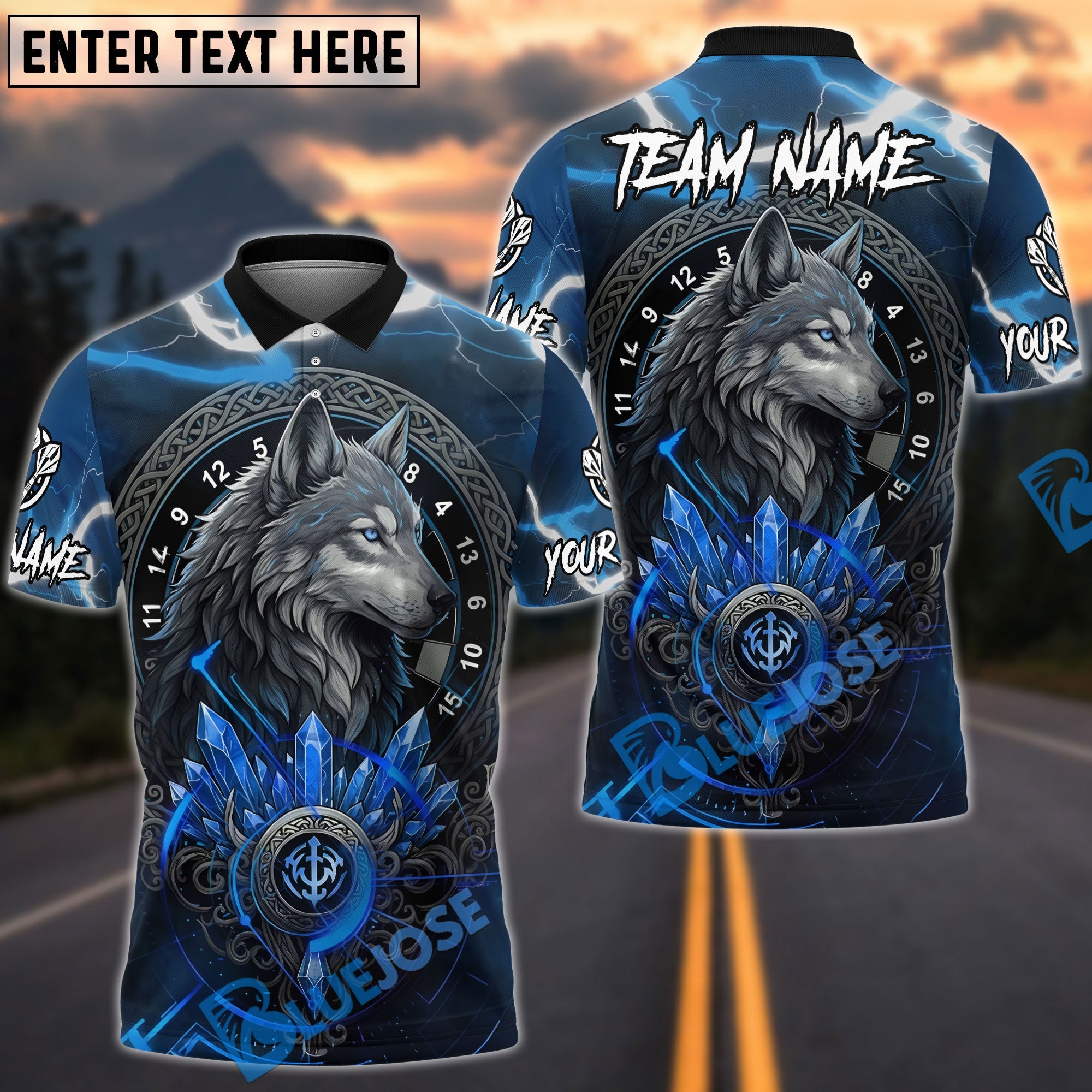 BlueJose Darts Wolf Viking Symbol Design Personalized Name, Team Name Unisex Shirt (6 Colors)