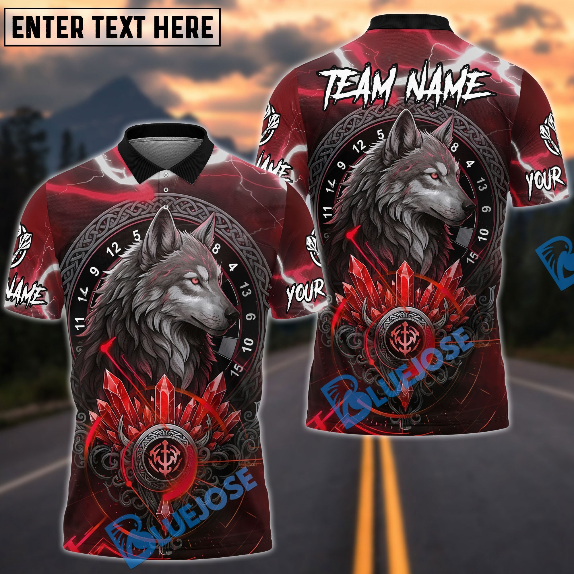 BlueJose Darts Wolf Viking Symbol Design Personalized Name, Team Name Unisex Shirt (6 Colors)