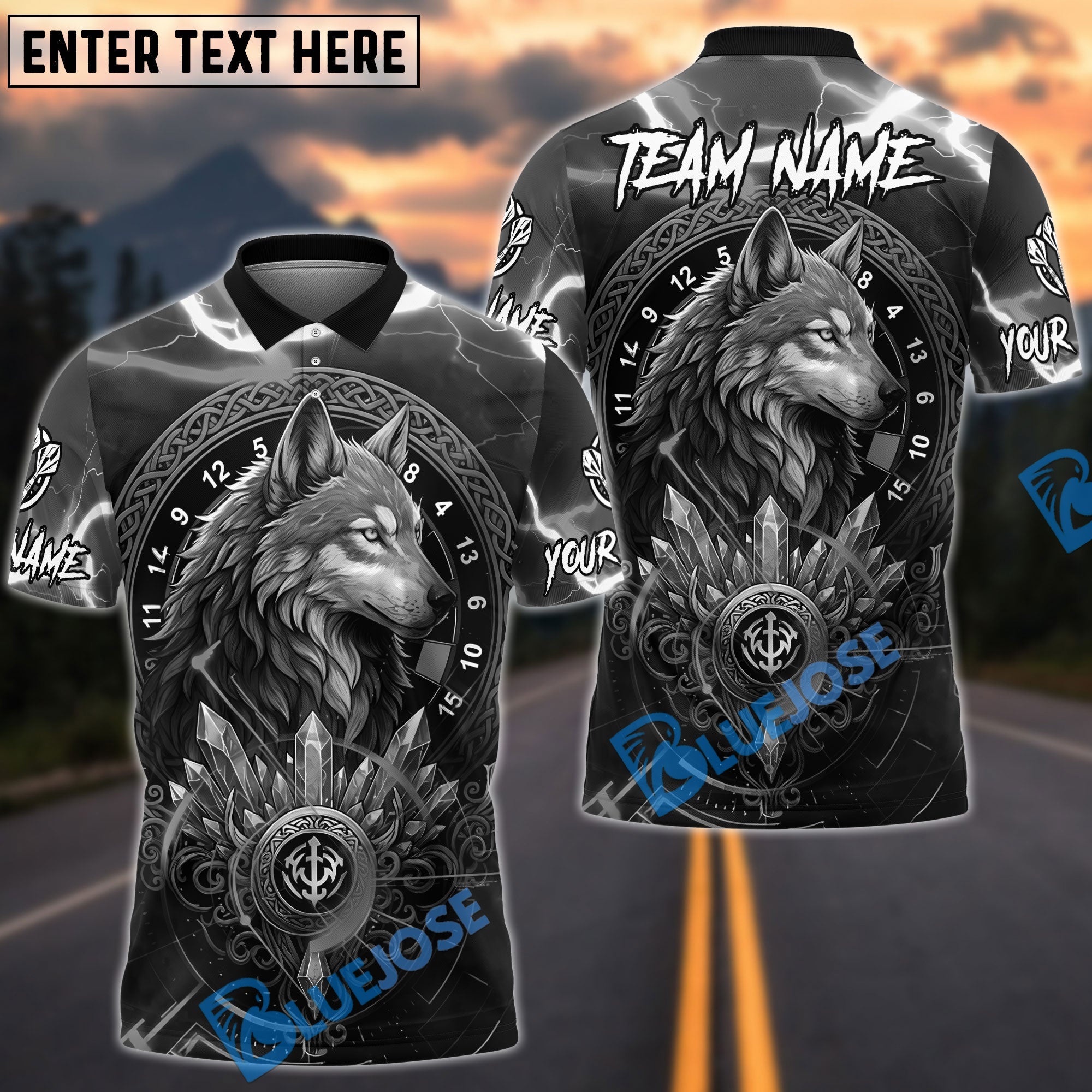 BlueJose Darts Wolf Viking Symbol Design Personalized Name, Team Name Unisex Shirt (6 Colors)