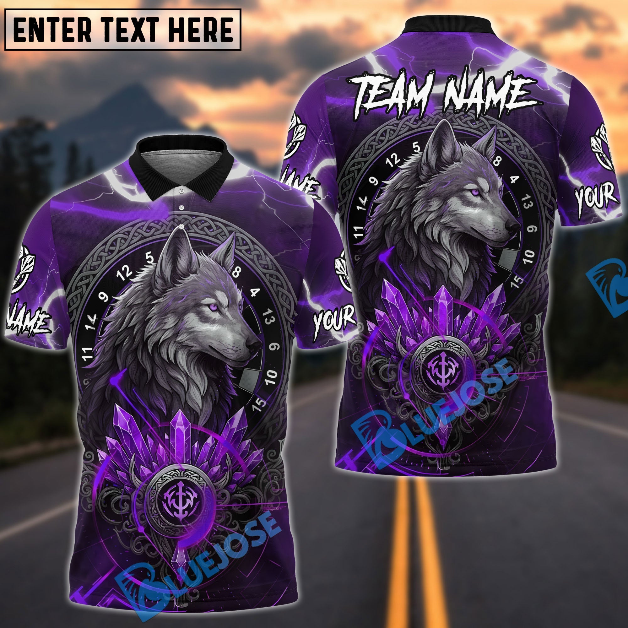 BlueJose Darts Wolf Viking Symbol Design Personalized Name, Team Name Unisex Shirt (6 Colors)