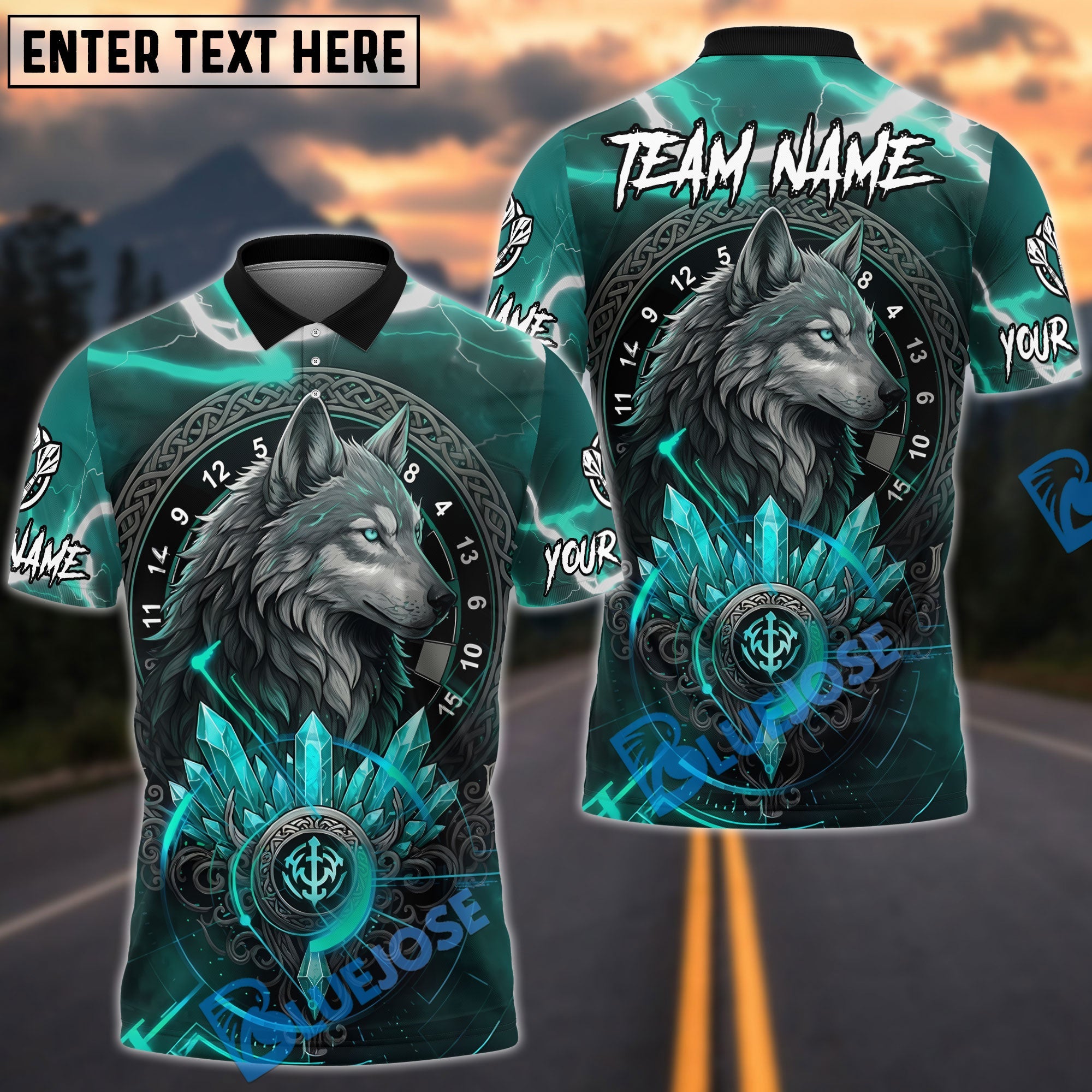 BlueJose Darts Wolf Viking Symbol Design Personalized Name, Team Name Unisex Shirt (6 Colors)