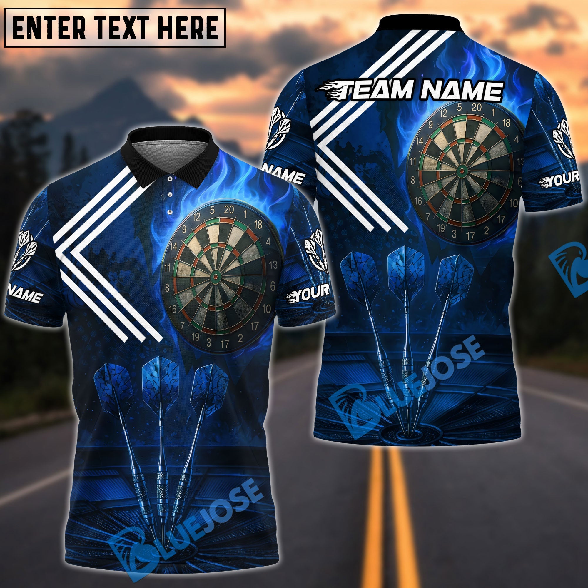 BlueJose Darts Fire Flame White Arrow Design Personalized Name, Team Name Unisex Shirt (4 Colors)