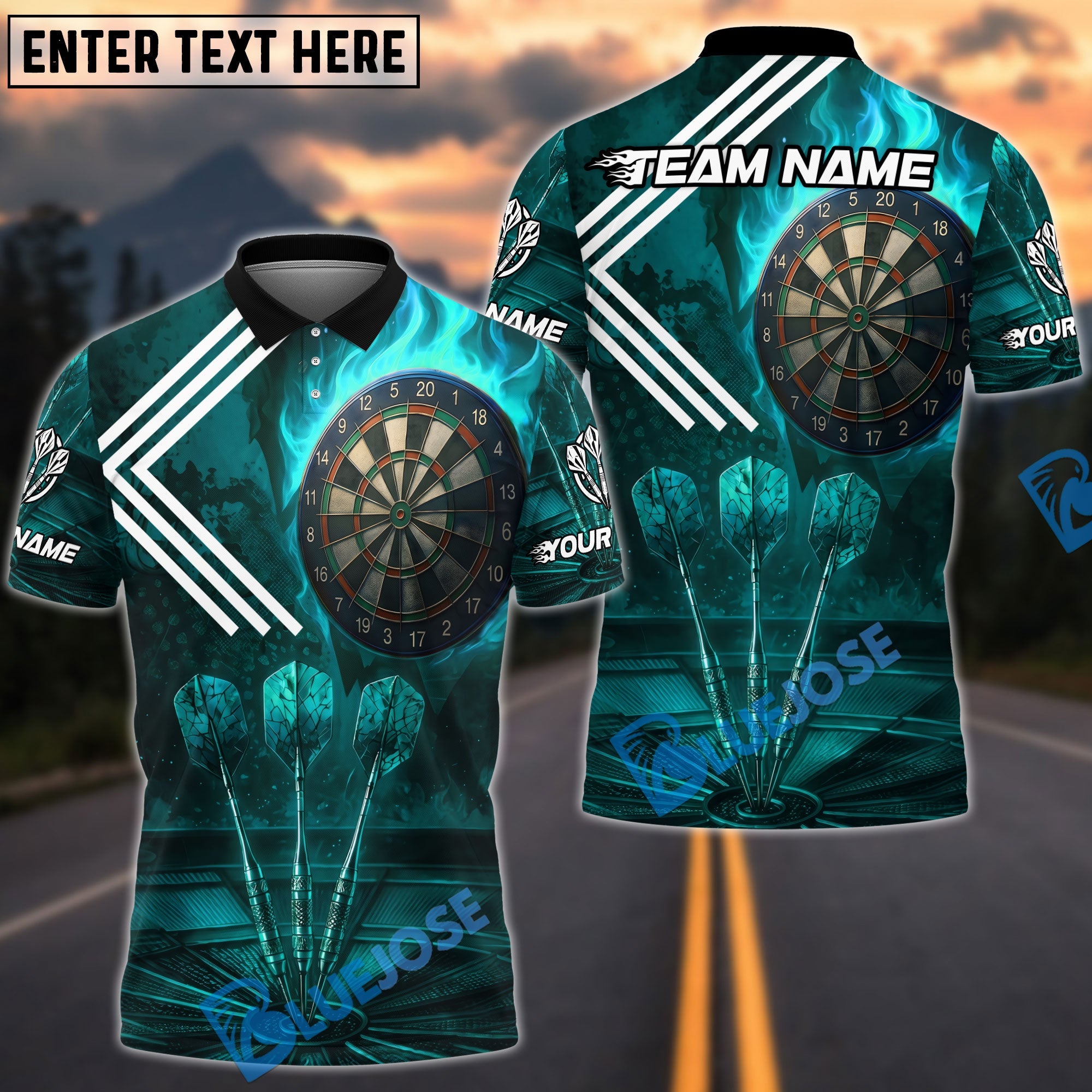 BlueJose Darts Fire Flame White Arrow Design Personalized Name, Team Name Unisex Shirt (4 Colors)