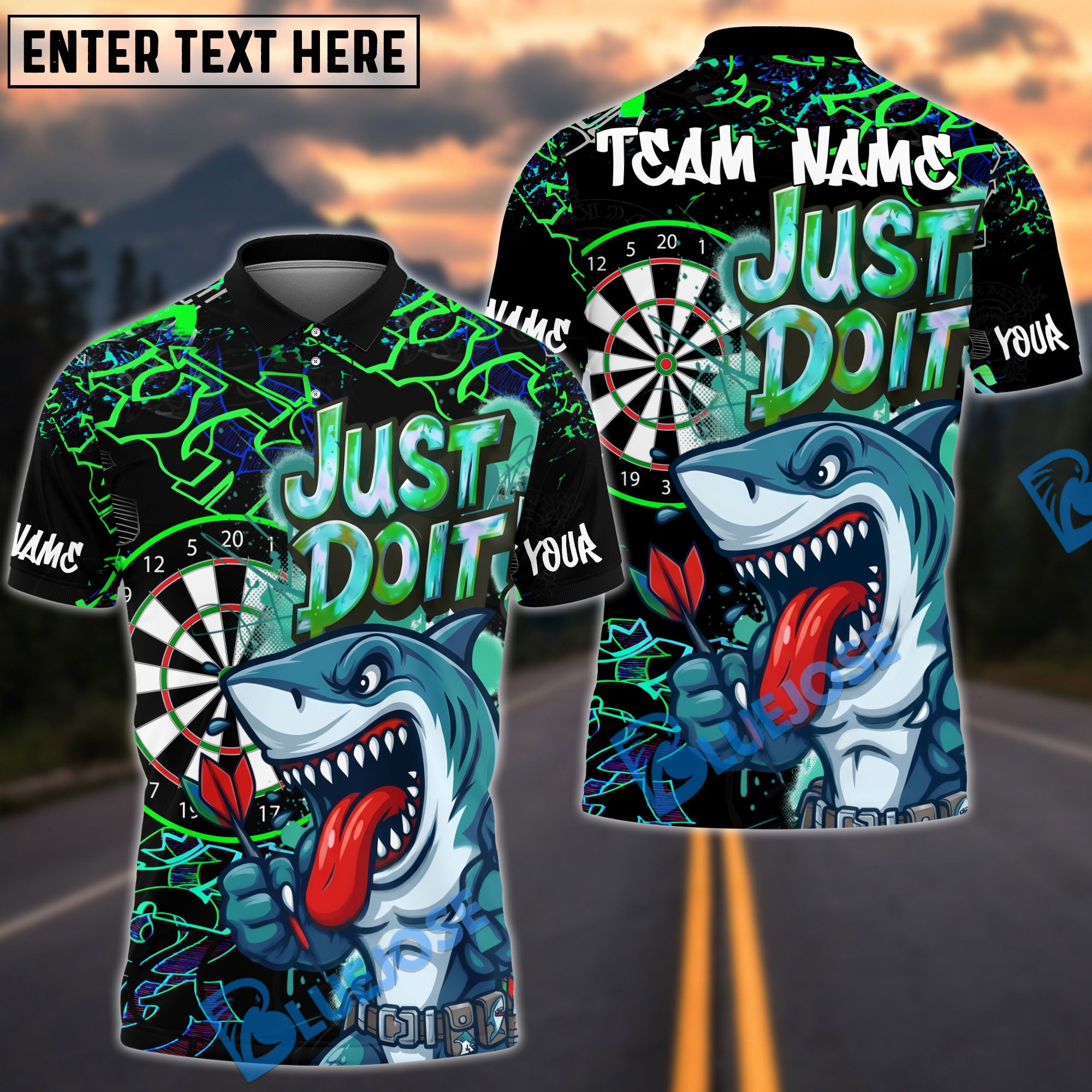 BlueJose Darts Shark Dartboard Graffiti Just Do It Design Personalized Name, Team Name Unisex Shirt (4 Colors)