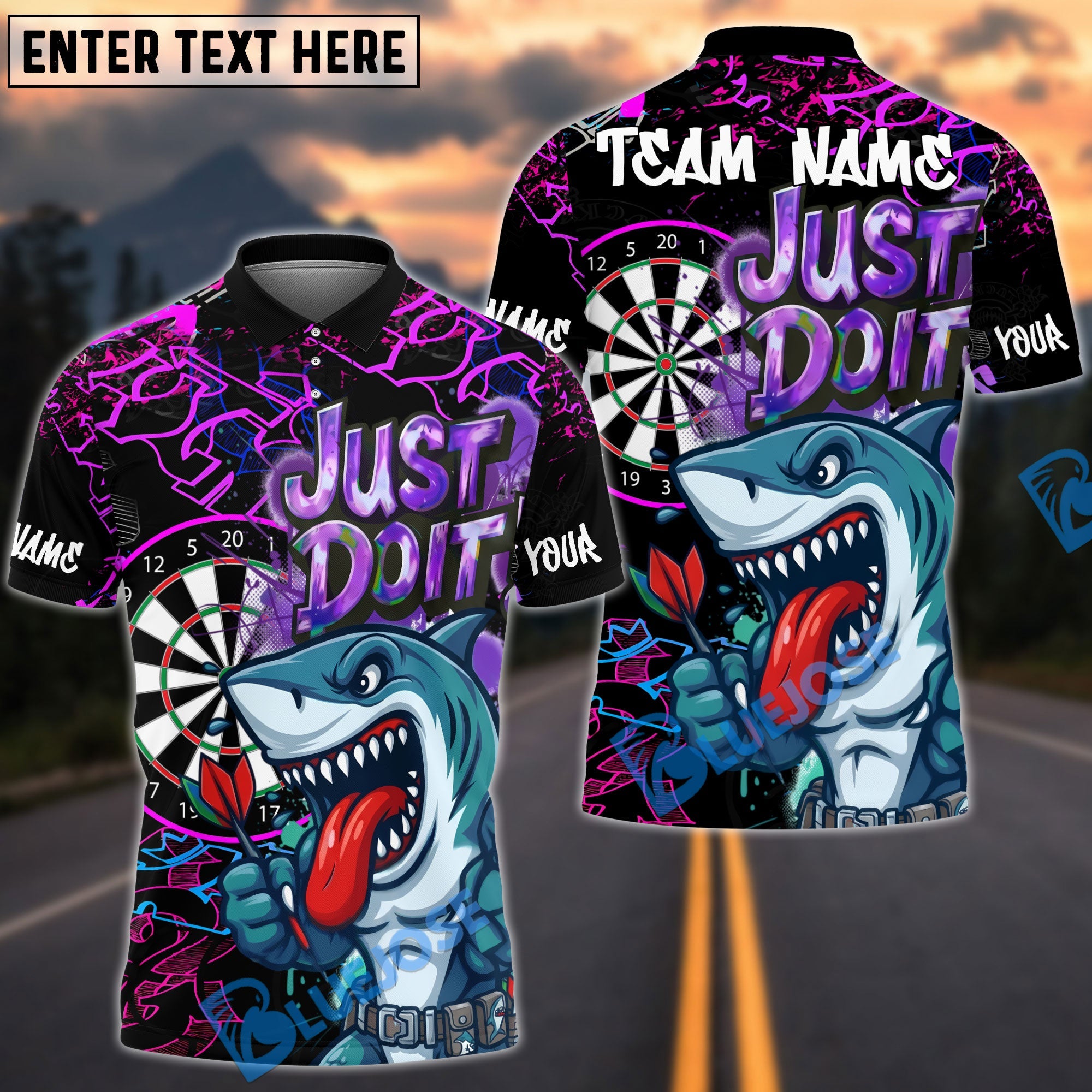 BlueJose Darts Shark Dartboard Graffiti Just Do It Design Personalized Name, Team Name Unisex Shirt (4 Colors)