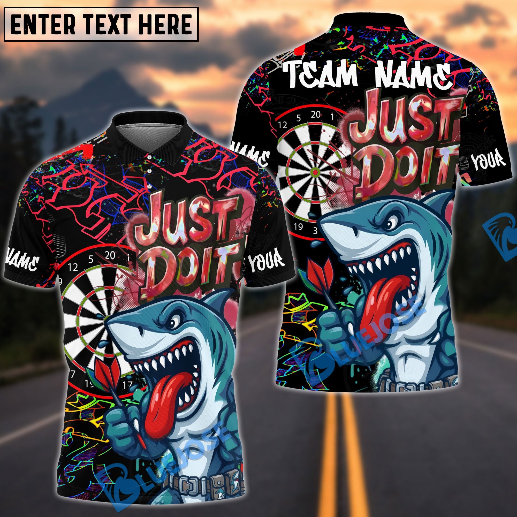BlueJose Darts Shark Dartboard Graffiti Just Do It Design Personalized Name, Team Name Unisex Shirt (4 Colors)