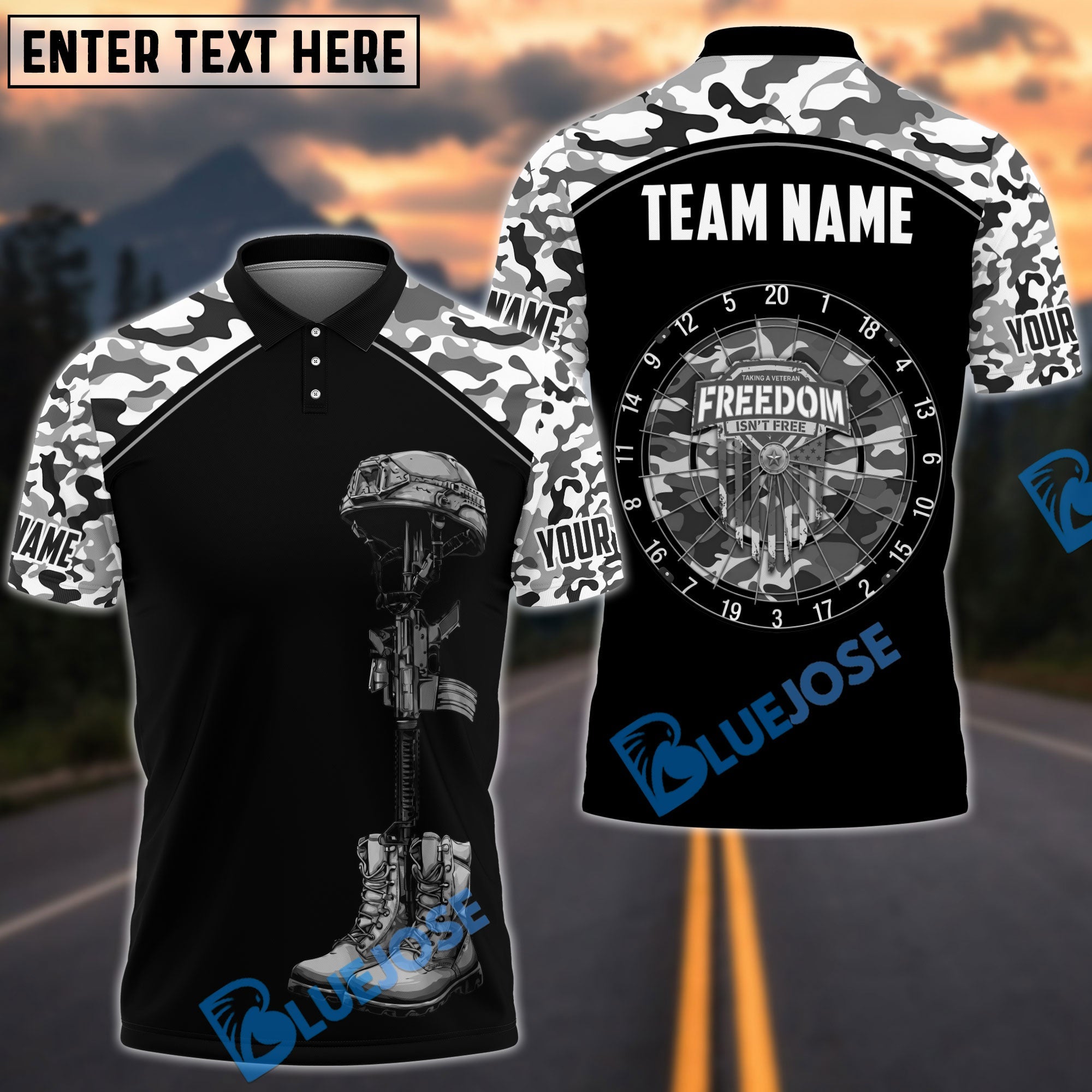 BlueJose Darts Camo Freedom Not Free Personalized Name, Team Name Unisex Shirt (4 Colors)