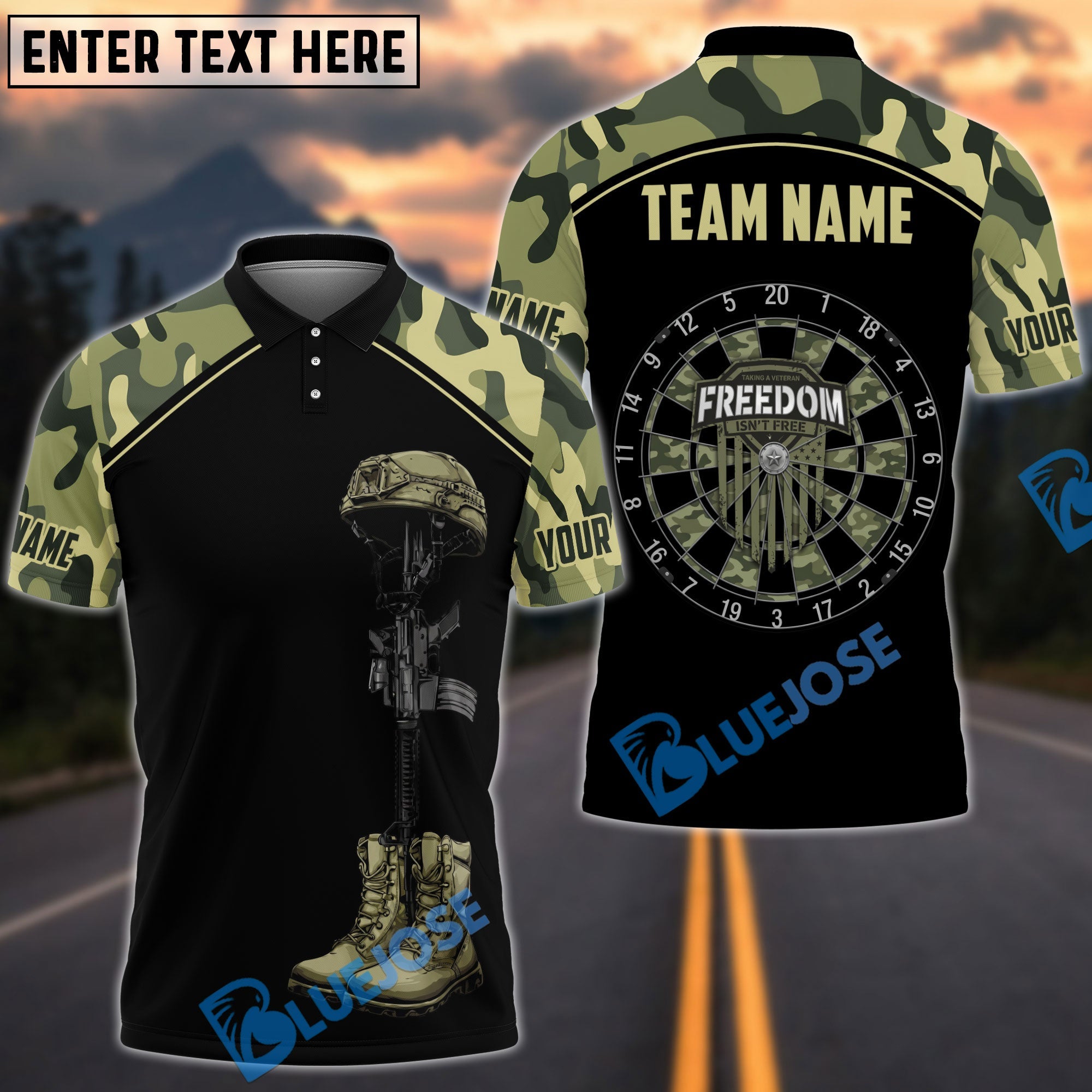 BlueJose Darts Camo Freedom Not Free Personalized Name, Team Name Unisex Shirt (4 Colors)