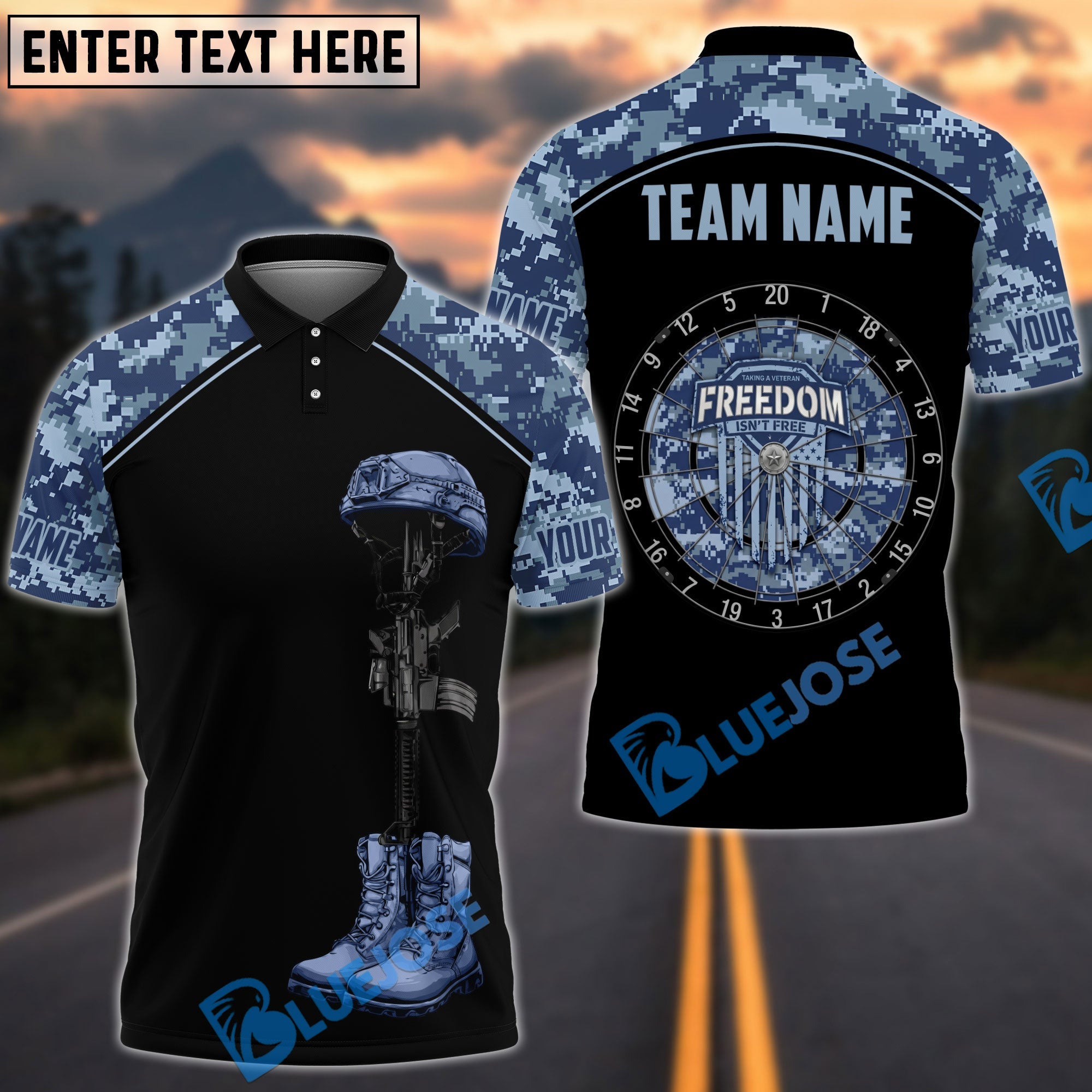 BlueJose Darts Camo Freedom Not Free Personalized Name, Team Name Unisex Shirt (4 Colors)