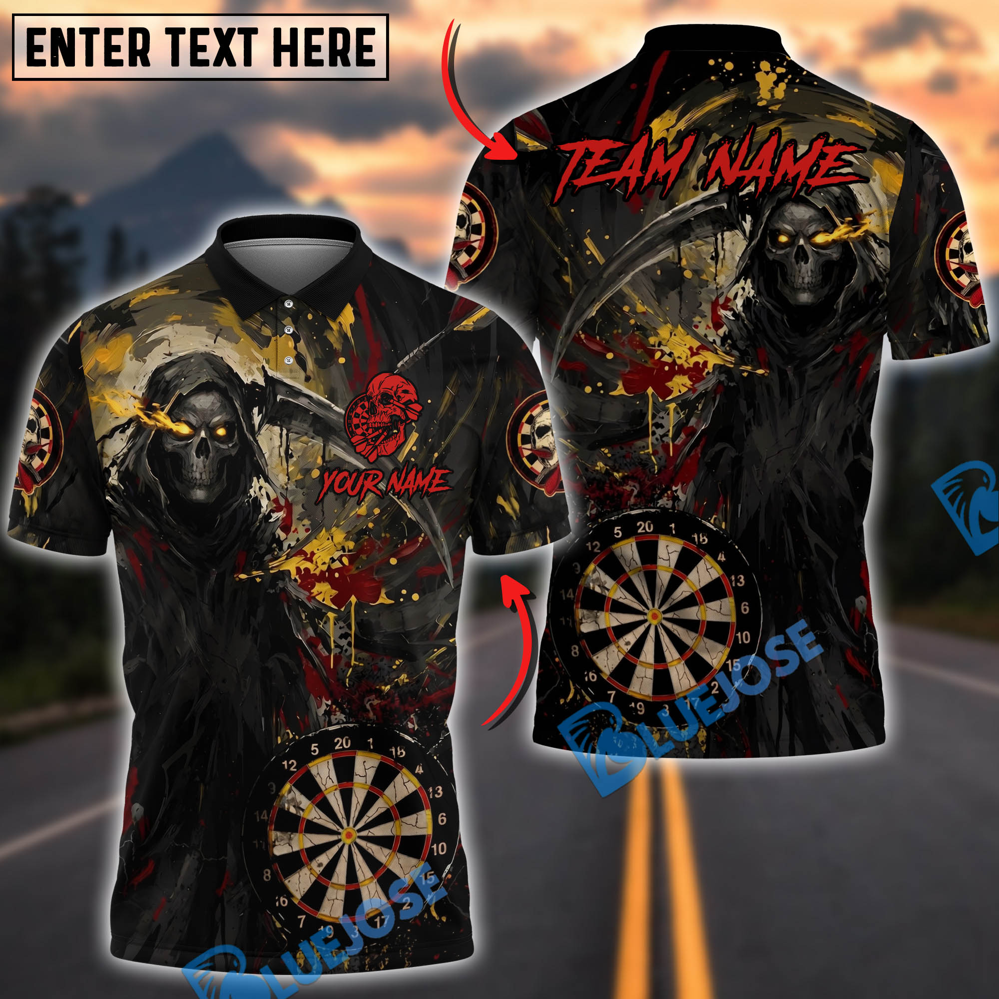BlueJose Darts Deadly Aim Reaper Personalized Name, Team Name Unisex Shirt (6 Colors)