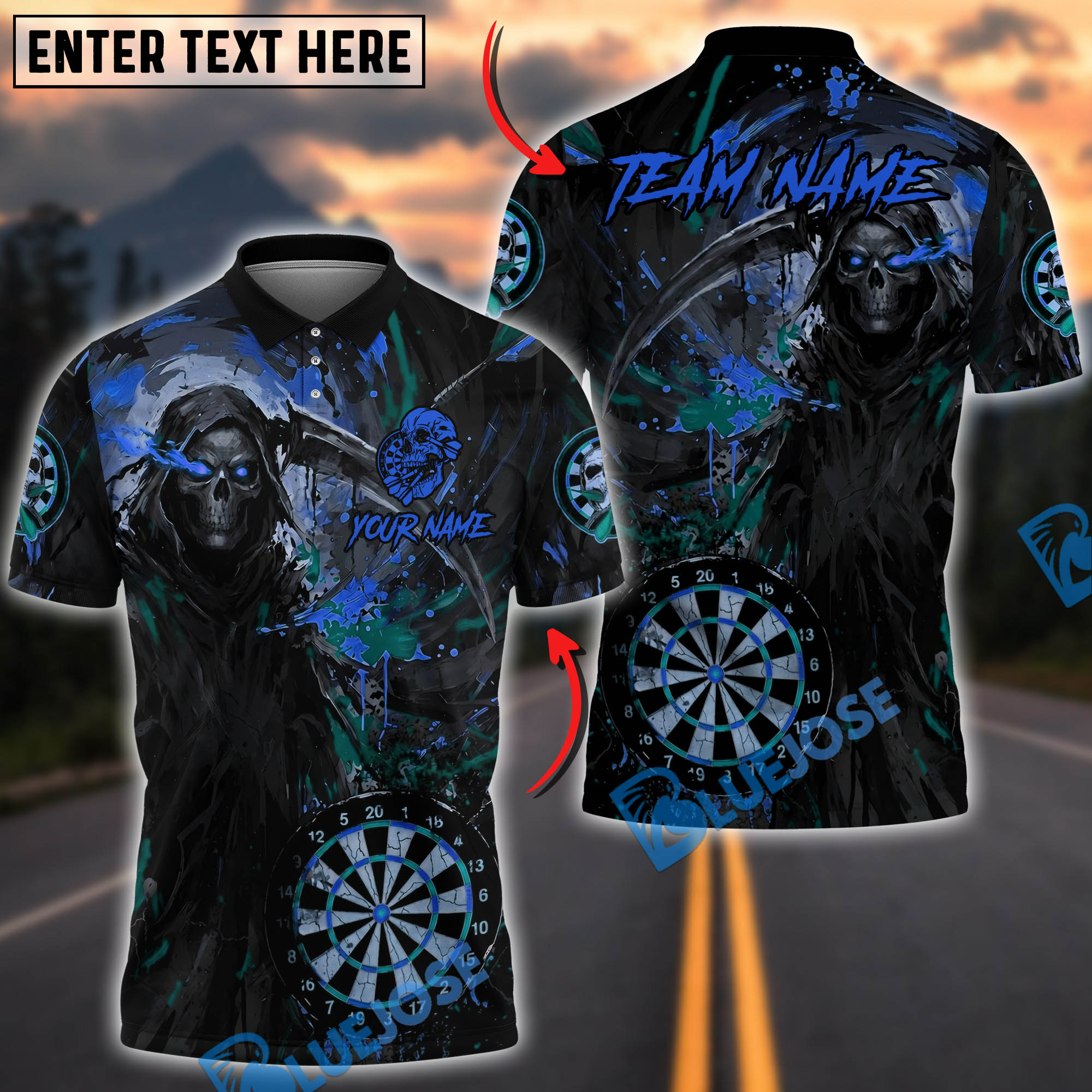 BlueJose Darts Deadly Aim Reaper Personalized Name, Team Name Unisex Shirt (6 Colors)