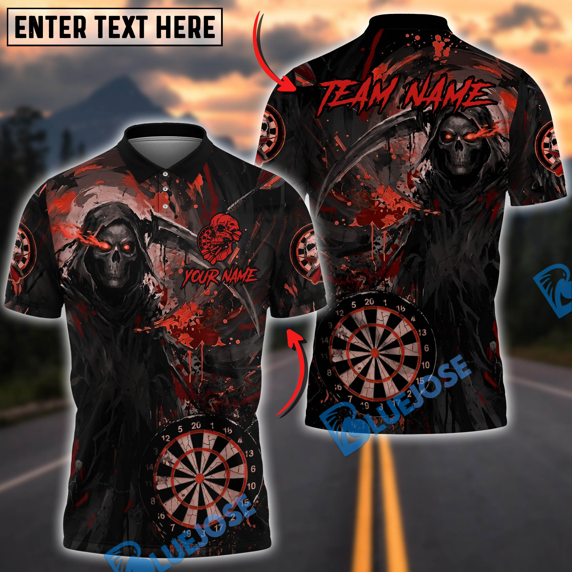 BlueJose Darts Deadly Aim Reaper Personalized Name, Team Name Unisex Shirt (6 Colors)