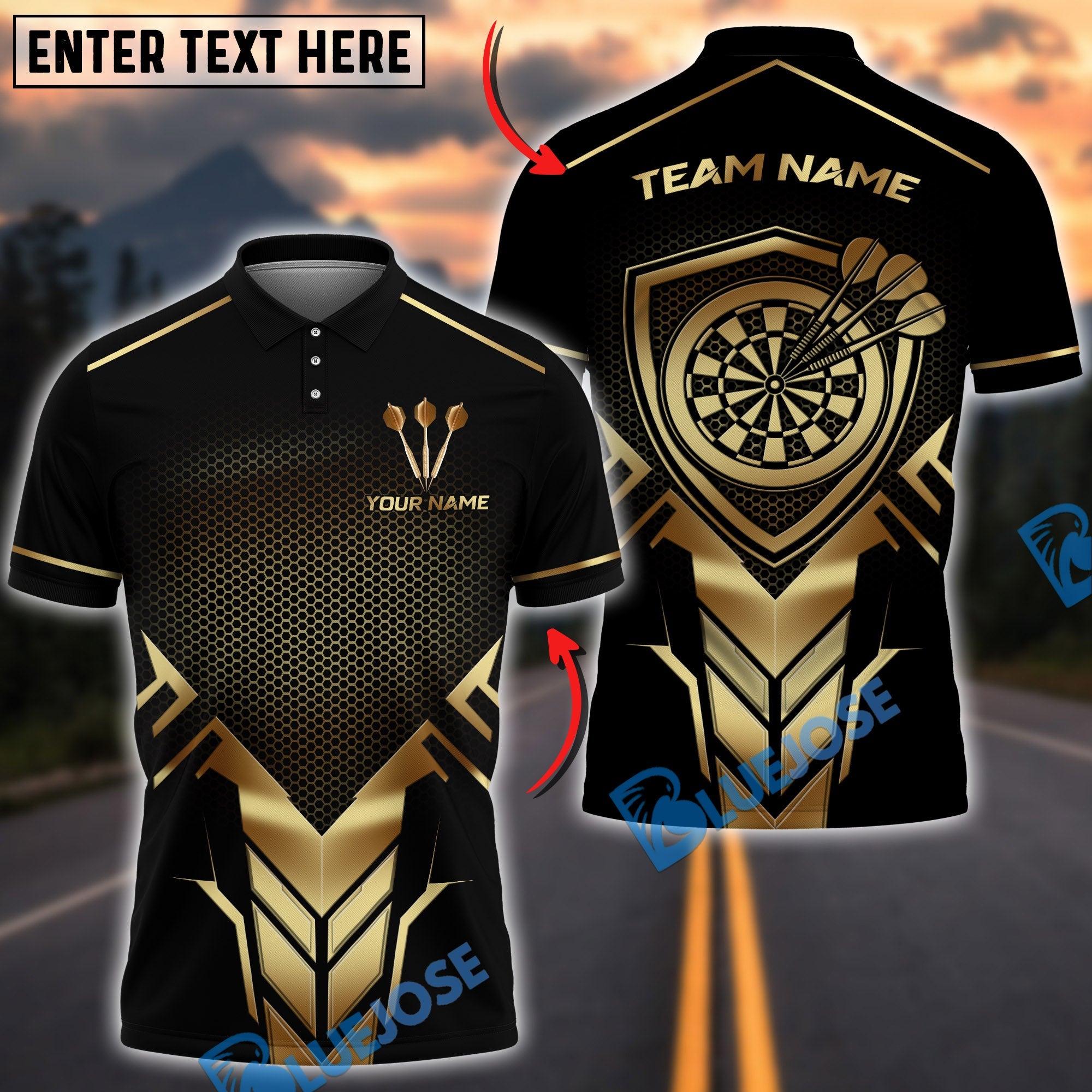 BlueJose Darts Elite Golden Shield Personalized Name, Team Name Unisex Shirt (6 Colors)