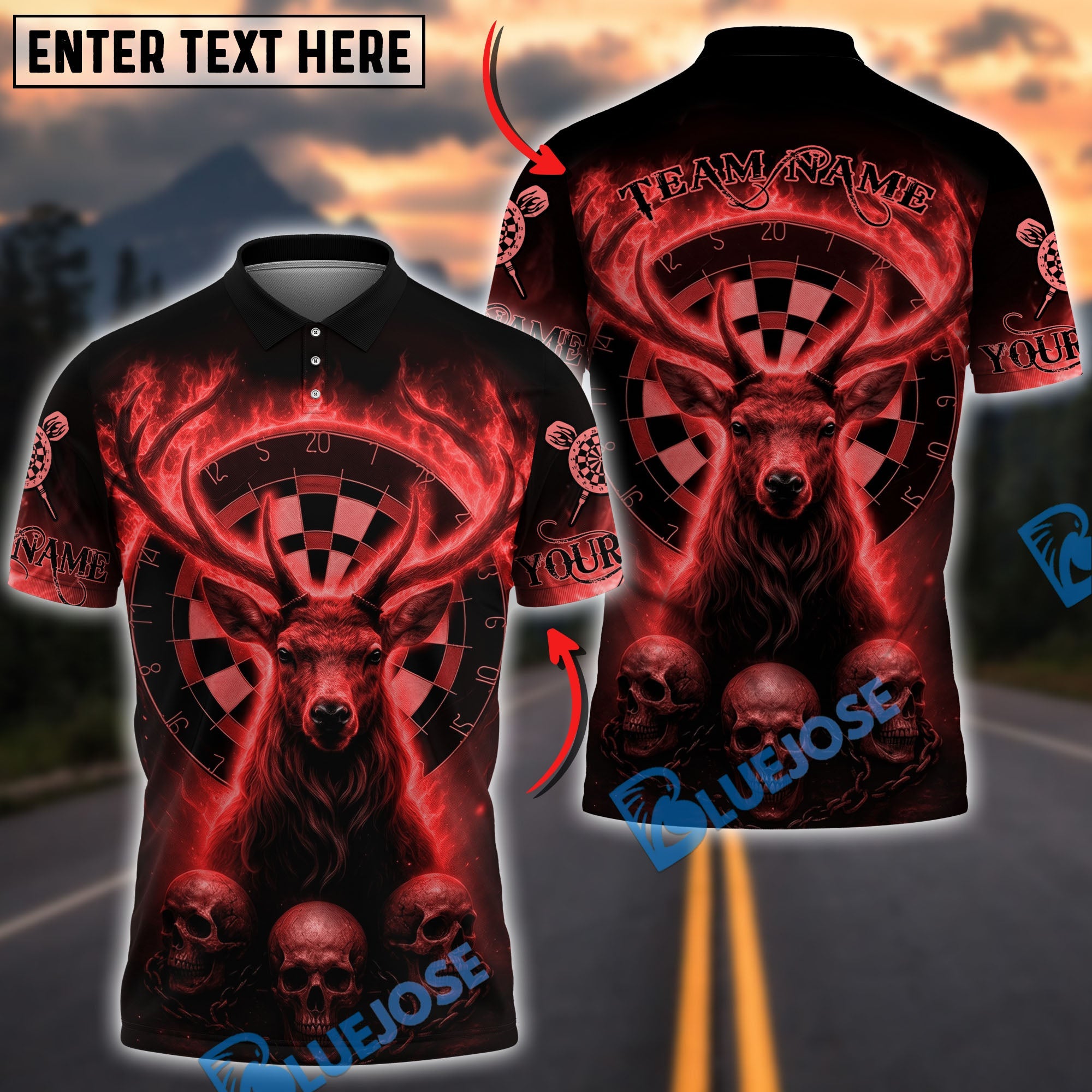 BlueJose Darts Skull Flame Deer Dartboard Personalized Name, Team Name Unisex Shirt (6 Colors)