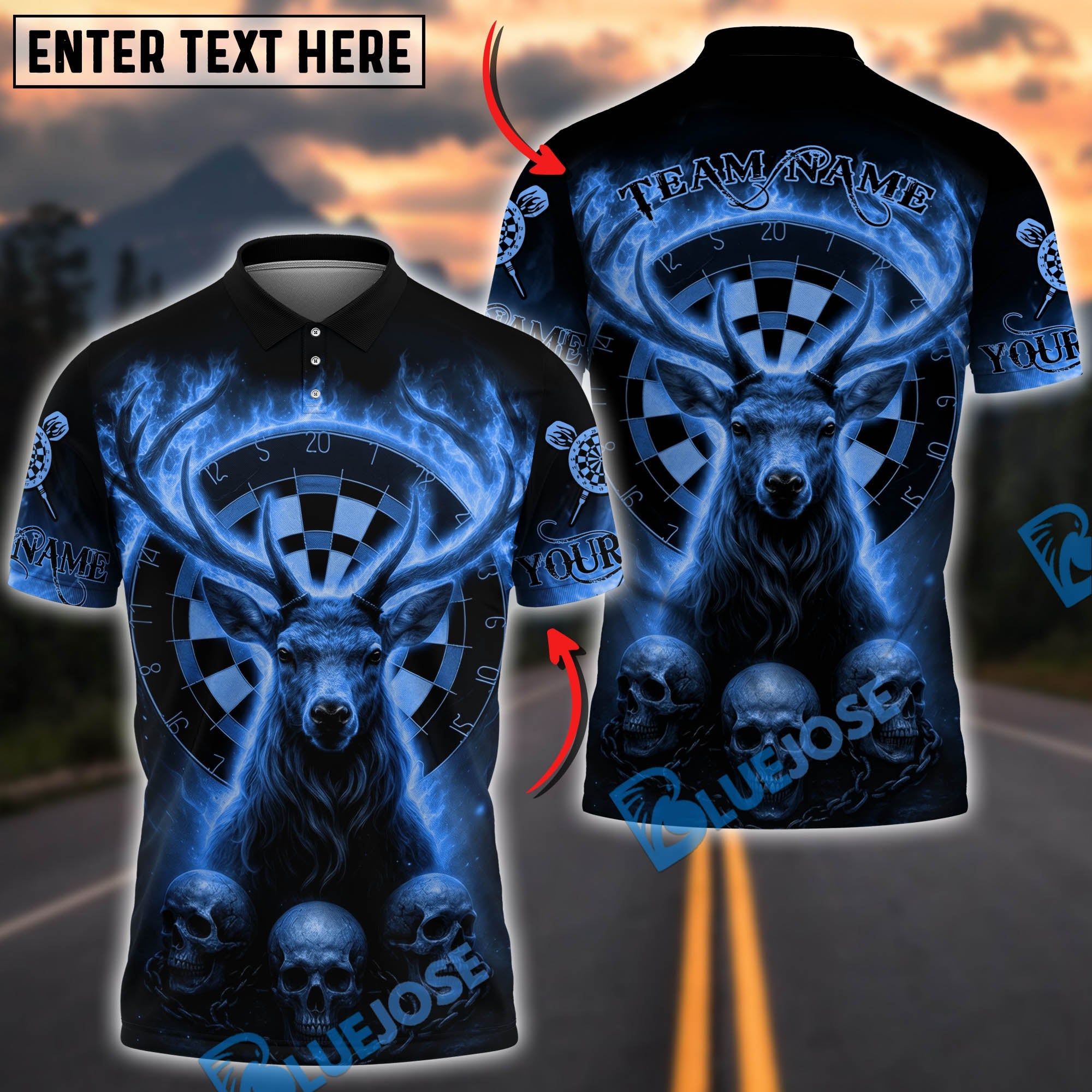BlueJose Darts Skull Flame Deer Dartboard Personalized Name, Team Name Unisex Shirt (6 Colors)
